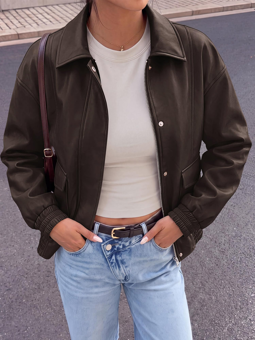 BTFBM Faux Leather Jacket Women Fall Clothes Long Sleeve, Bomber Jackets, Snaps, Pockets, Oversized, Zip Up Motorcycle Outerwear, Airport, Going Out Outfits, Winter Coat