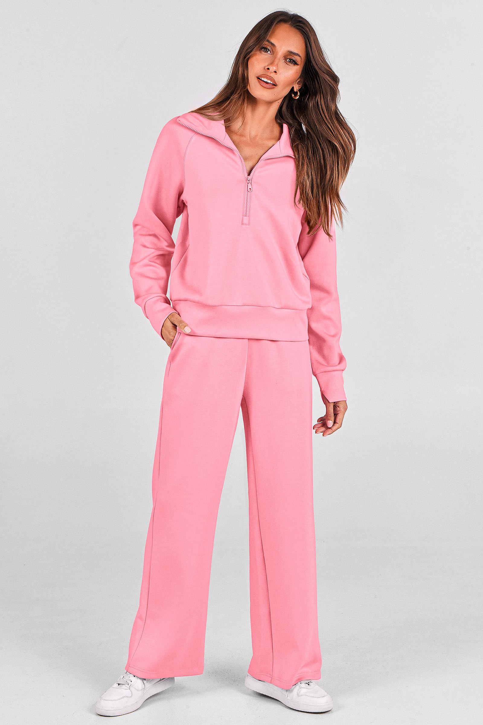 PRETTYGARDEN Women's 2 Piece Outfits Casual Lapel Half Zip Sweatshirts and Wide Leg Pants Tracksuit Sets