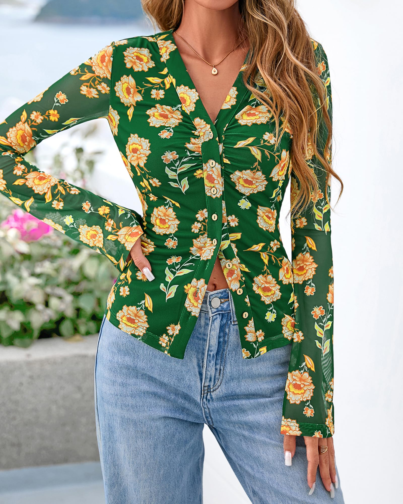 BTFBM Button Down Shirts for Women Spring Boho Tops V Neck Long Sleeve Blouses Ruched Mesh Fitted Fall Fashion