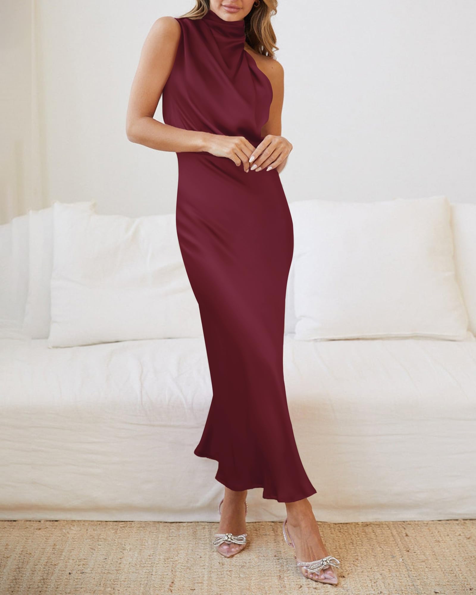 BTFBM Cocktail Dresses for Women Summer Satin Silk Sleeveless Mock Neck Maxi Wedding Guest Dress Spring Outfits