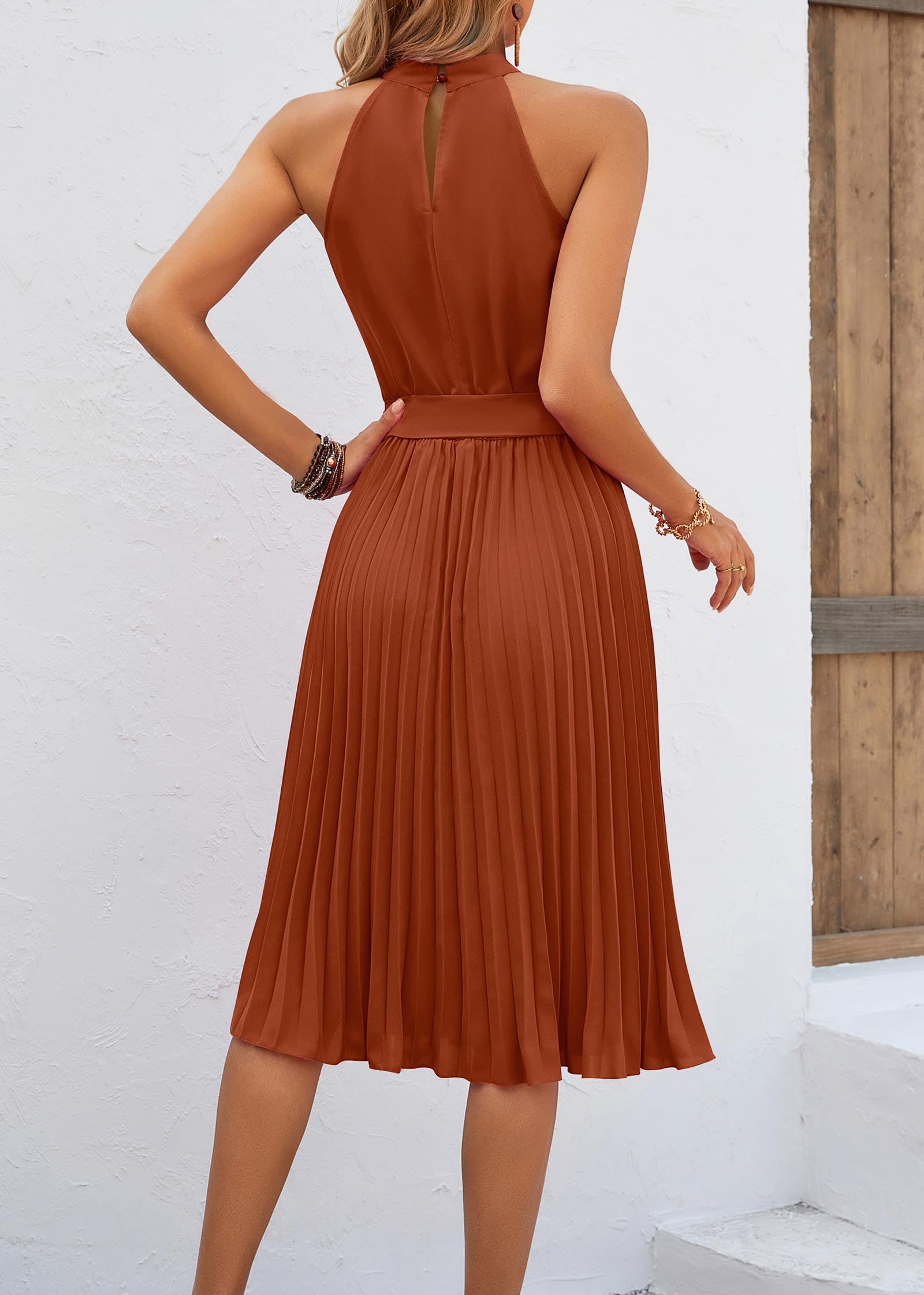 FreshPretty Women's Summer Sleeveless Halter Neck Pleated Midi Cocktail Dresses A Line Flowy Beach Sun Dress with Belt