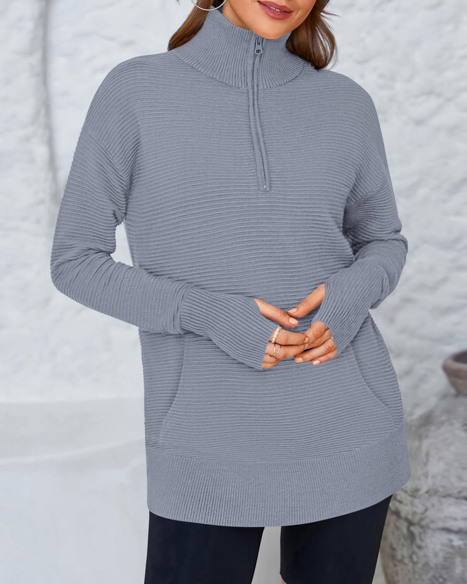 BTFBM Sweaters for Women Fall Clothes Pocket Quarter Zip Pullover V Neck Long Sleeve Knit Trendy Winter Sweater