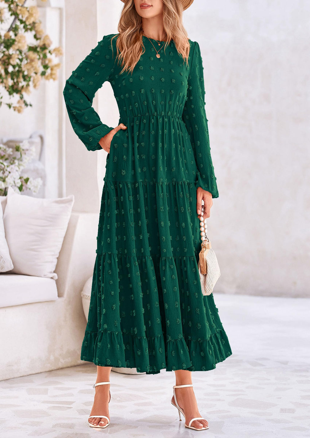 PRETTYGARDEN Women's Fall Spring Elegant Long Sleeve Maxi Dress Swiss Dot A Line Flowy Casual Holiday Party Going Out Dresses