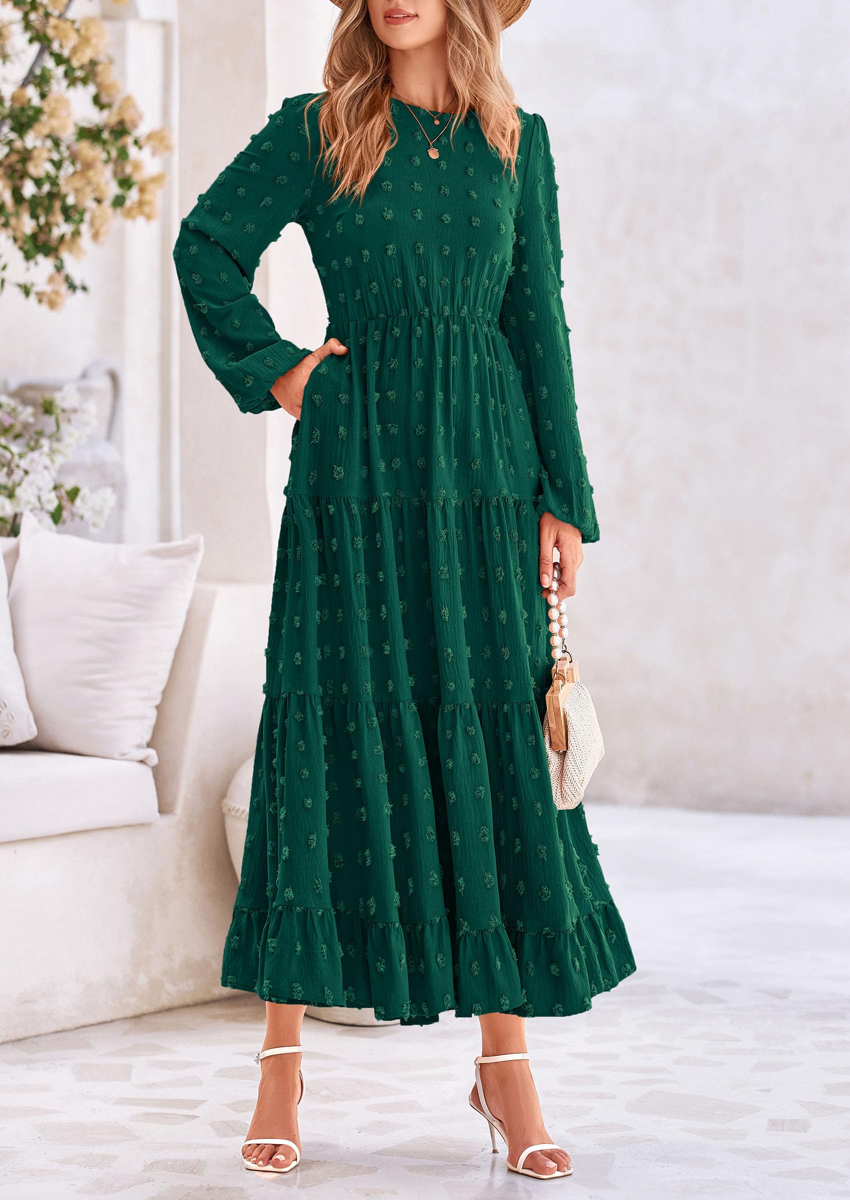 PRETTYGARDEN Women's Fall Spring Elegant Long Sleeve Maxi Dress Swiss Dot A Line Flowy Casual Holiday Party Going Out Dresses