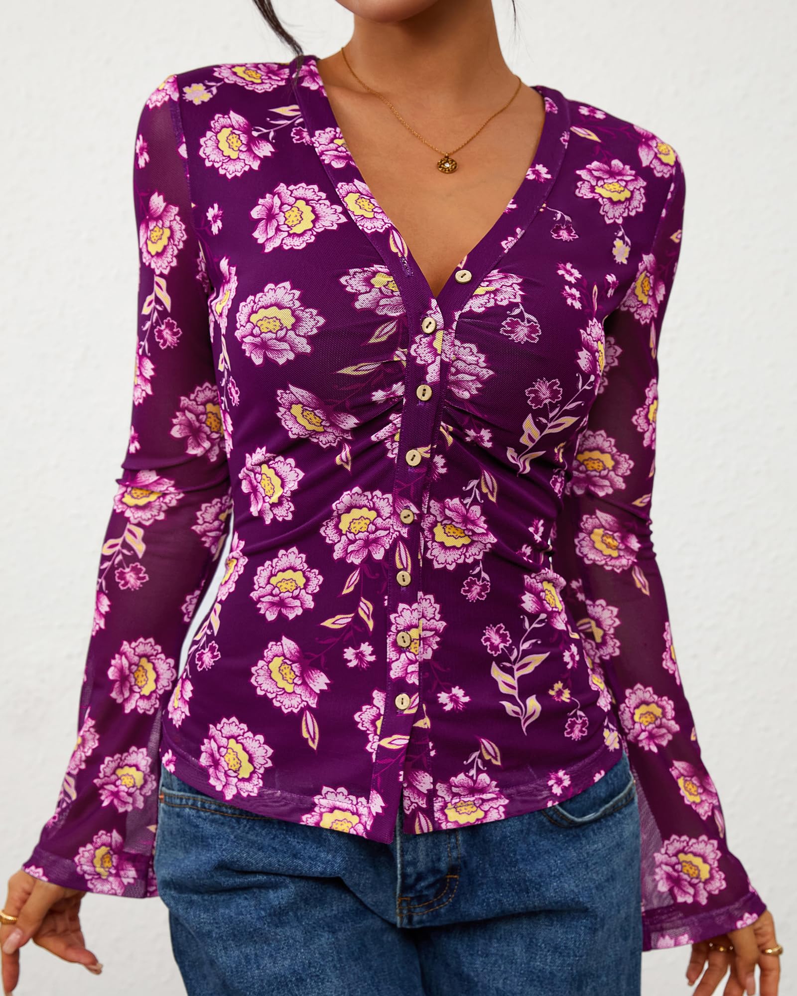 FreshPretty Button Down Shirts for Women Fall Fashion V Neck Long Sleeve Blouse Ruched Mesh Fitted Floral Print Boho Tops