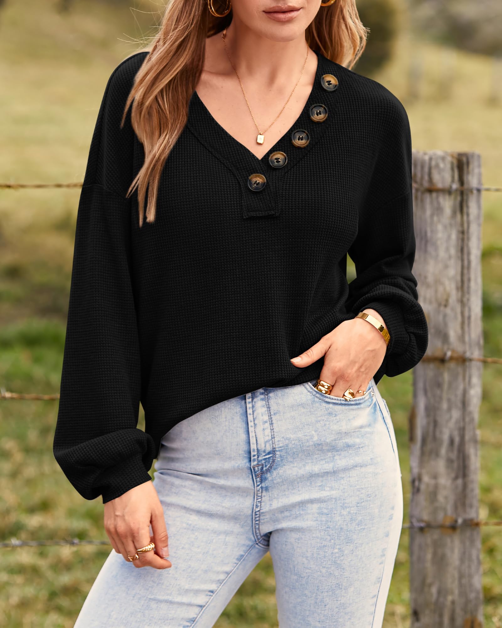 FreshPretty Womens Fall Fashion Long Sleeve Shirts Spring V Neck Loose Casual Deco Button Lightweight Waffle Knit Tops