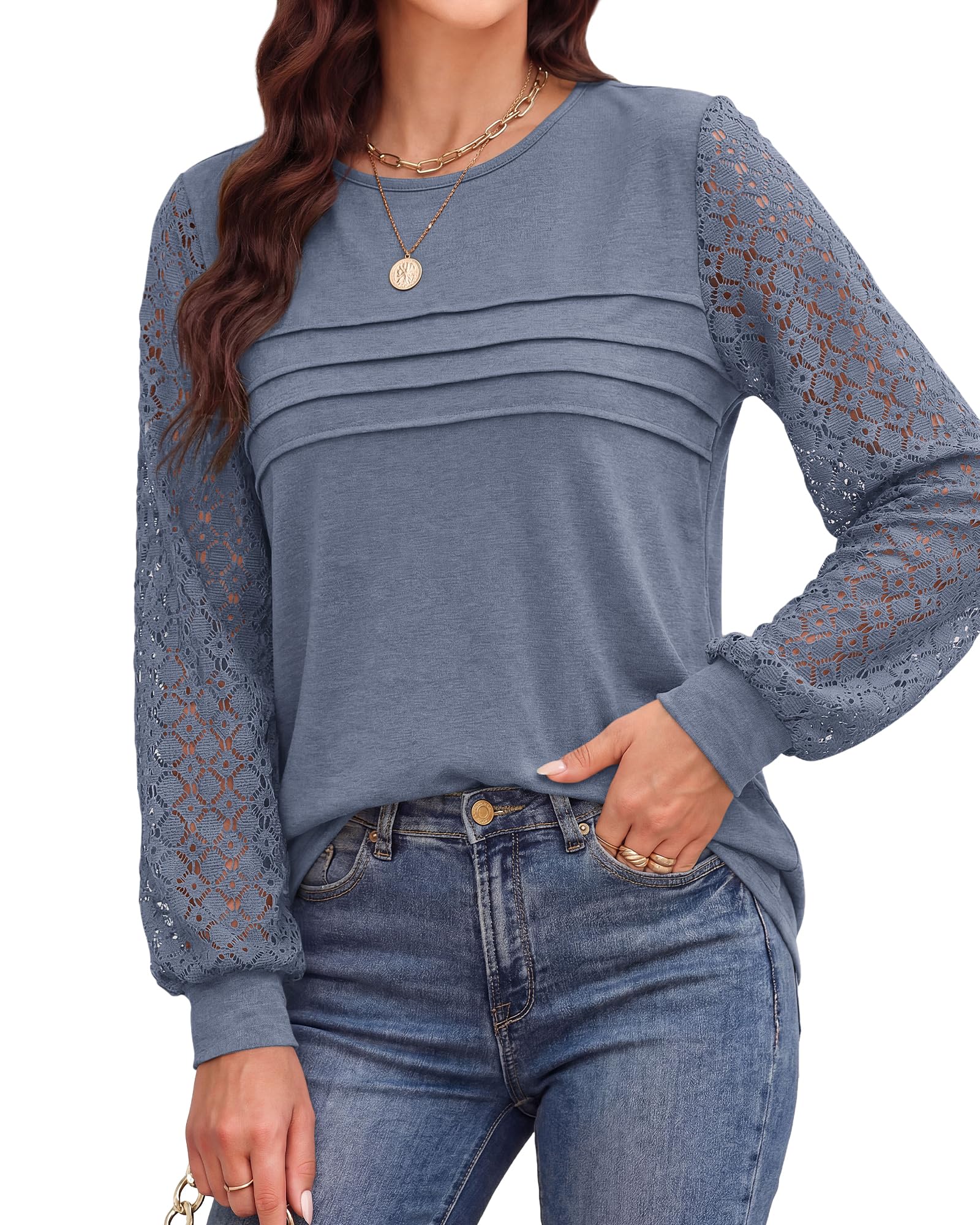 BTFBM Women's Long Sleeve Shirts Dressy Lace Fall Tops Trendy Business Casual T-Shirts Cute Work Outfits Blouses