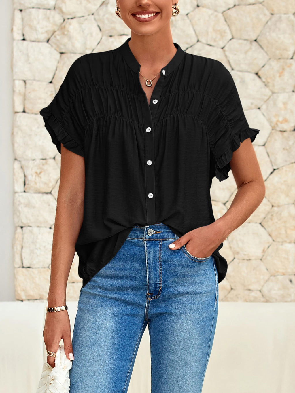 FreshPretty Womens Button Down Shirts Ruffle Short Sleeve Loose Summer Tops Dressy Casual V Neck Business Work Blouses