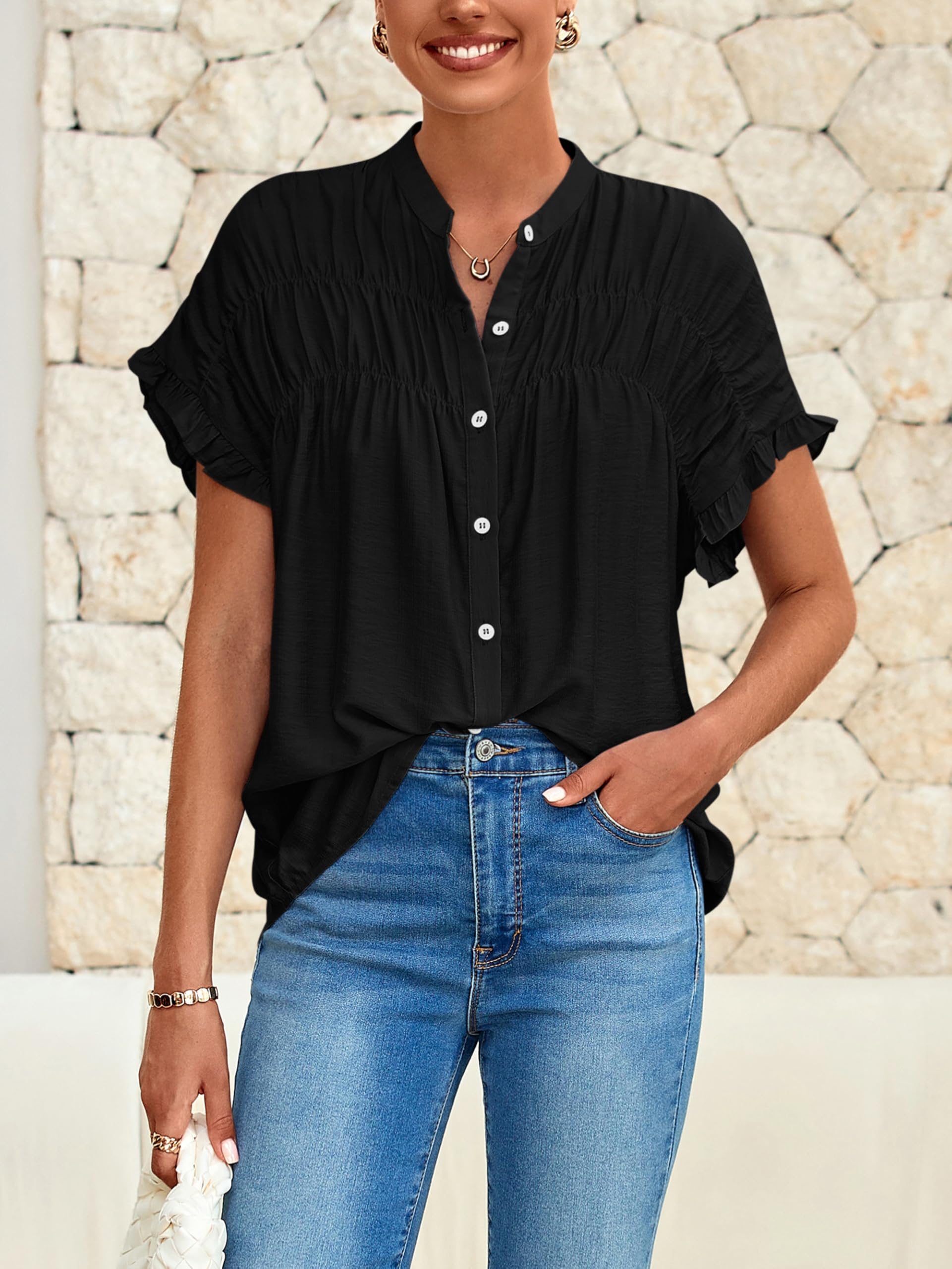 FreshPretty Womens Button Down Shirts Ruffle Short Sleeve Loose Summer Tops Dressy Casual V Neck Business Work Blouses