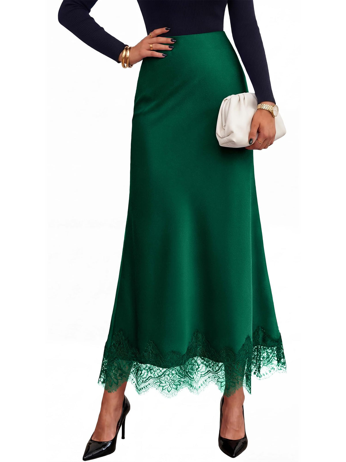 BTFBM Lace Trim Satin Skirts for Women Elegant | Lightweight, High Waist, A-Line, Flowy Maxi Skirt, Wedding, Cocktail, Graduation, Holiday Outfits, Fall Fashion Clothing