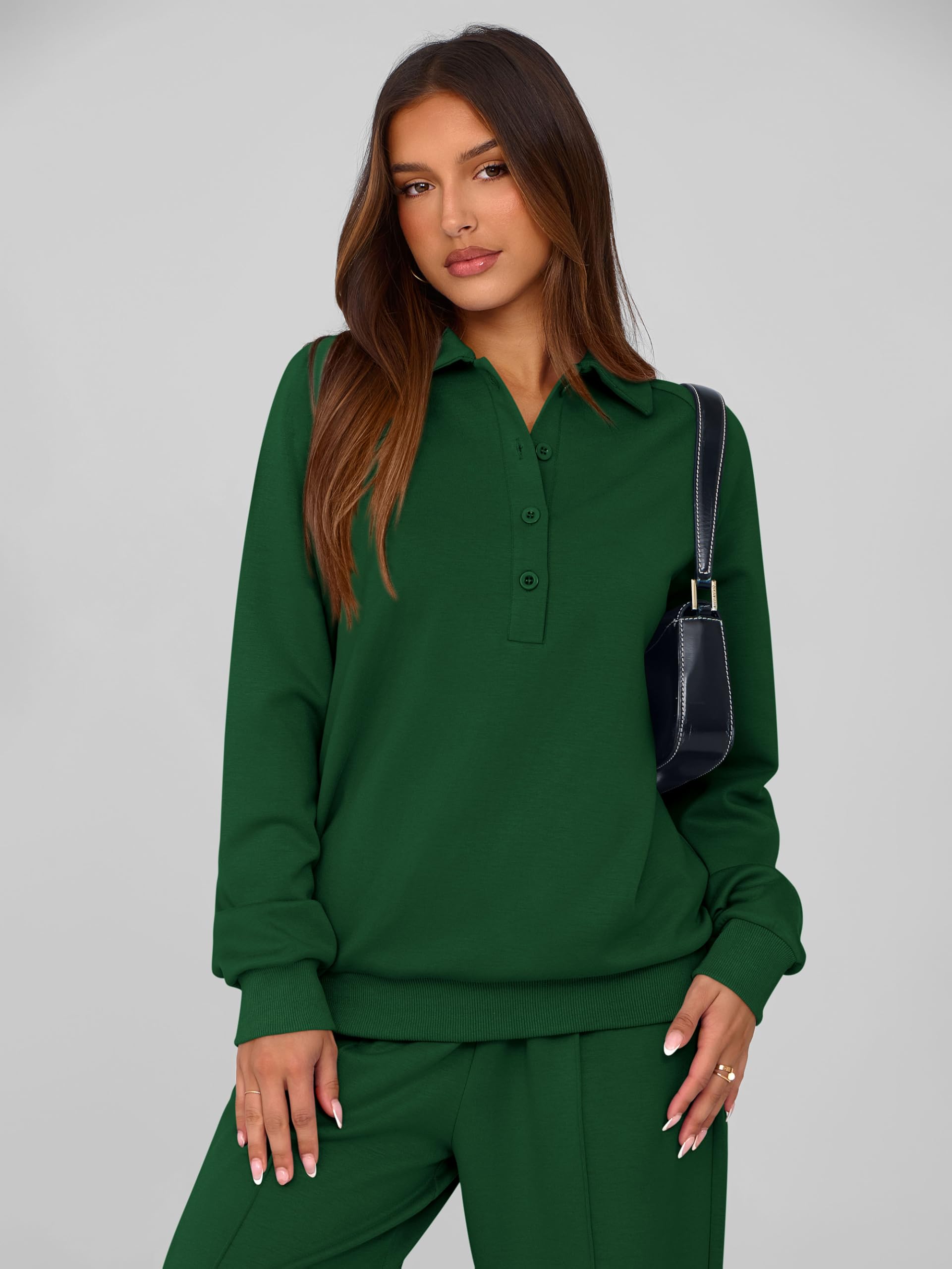 PRETTYGARDEN Women Fall 2 Piece Outfits Sweatsuits Lounge Sets Quarter Button Long Sleeve Sweatshirt, Wide Leg Sweat Pants, Casual 2 Piece Sets Tracksuit, Airport Travel Outfits for Women