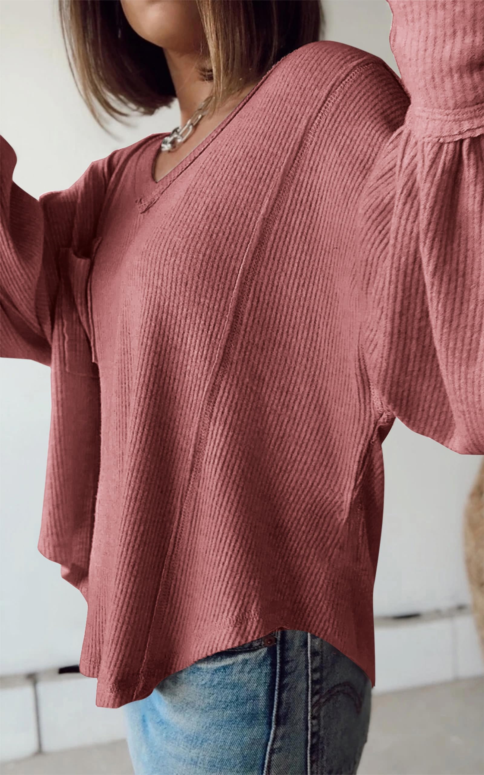 FreshPretty Womens Fall Fashion Long Sleeve Shirts Casual V Neck Ribbed Knit Blouses Pullover Trendy Loose Fit Tunic Tops