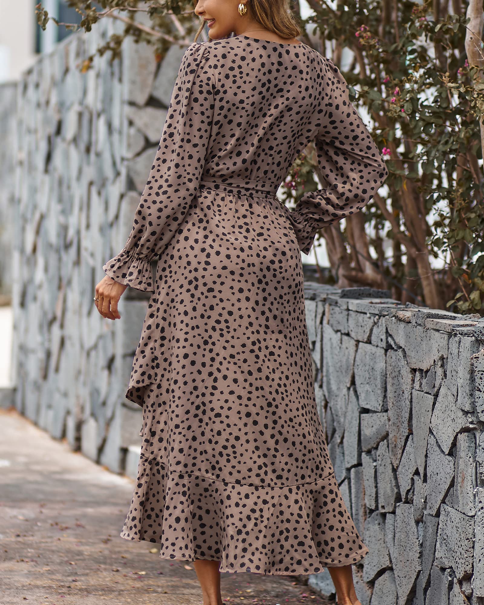 BTFBM Womens Dresses Summer V Neck Floral High Waist Ruffle Wedding Guest Cocktail Boho Spring Long Sleeve Dress