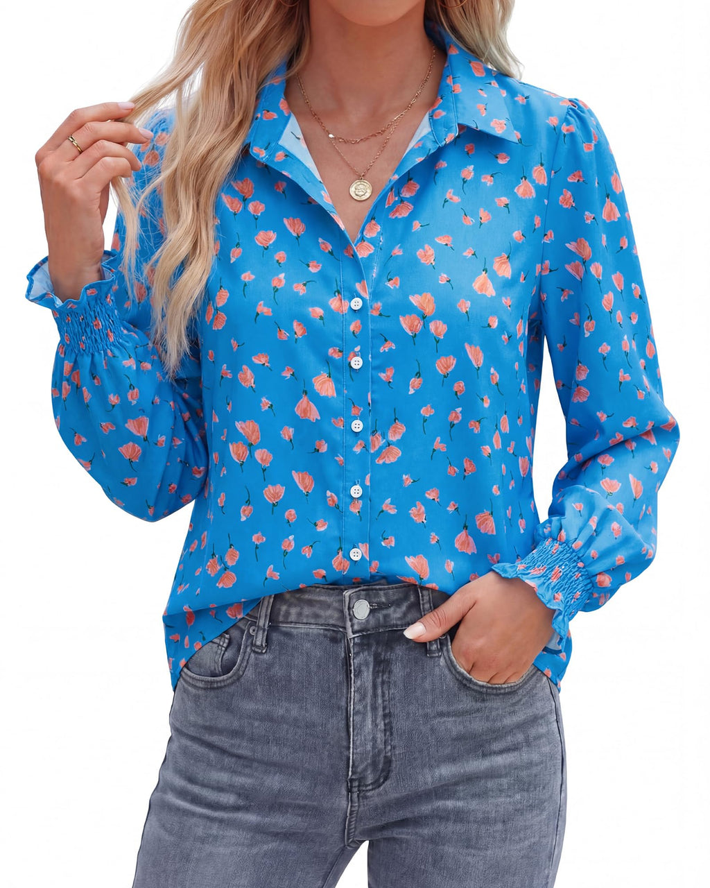 BTFBM Long Sleeve Blouses for Women, Floral V Neck Button Down Shirts, Smocked Cuffs, Business Casual Summer Outfits