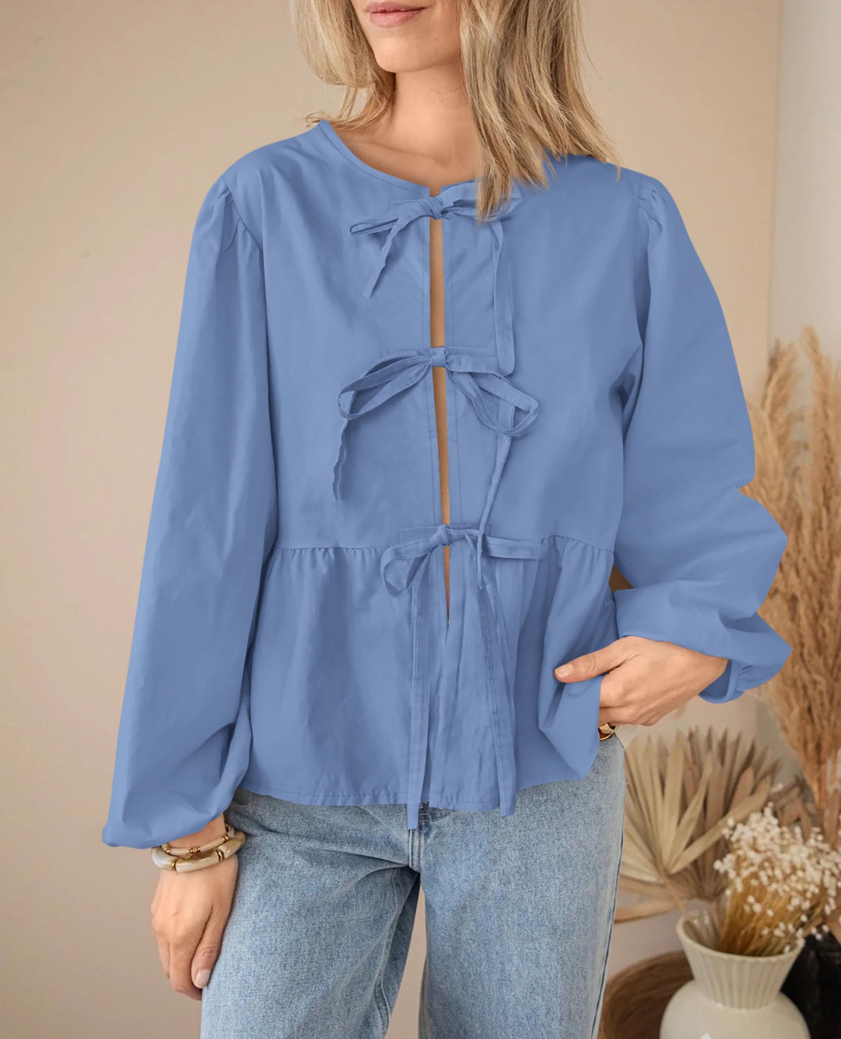 PRETTYGARDEN Women's Spring Fall Babydoll Peplum Blouse Shirt Puff Long Sleeve Bow Tie Front Trendy Cute Y2K Going Out Tops