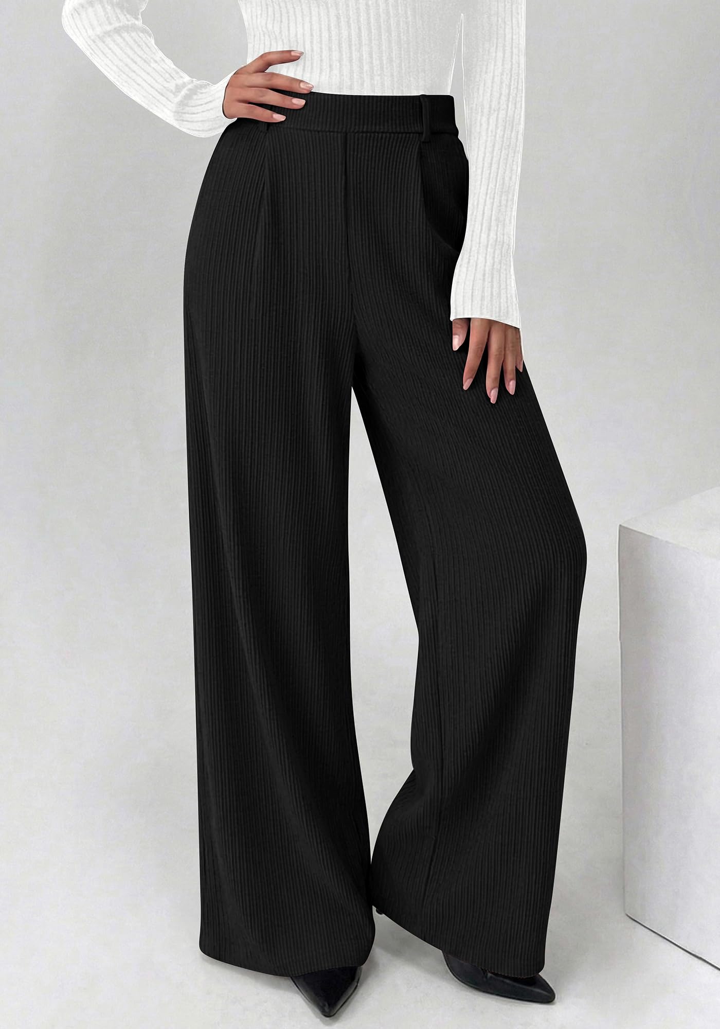 BTFBM Wide Leg Pants for Women Dressy Work Business Casual Elastic High Waisted Trousers Ribbed Lounge Palazzo Pants