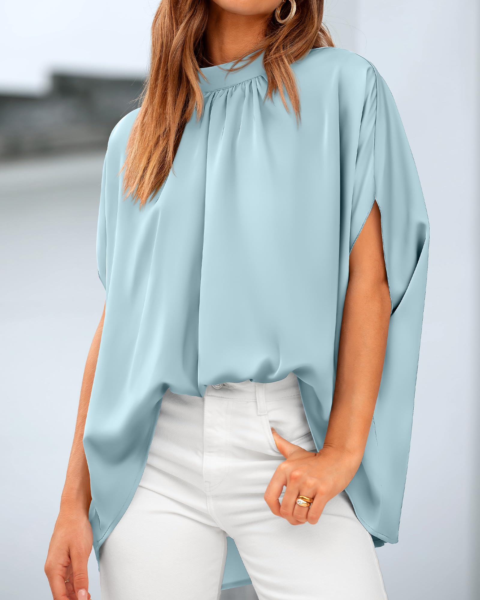BTFBM Womens Summer Tops Mock Neck Batwing Sleeve Silk Satin Shirts Loose Oversized Dressy Casual Spring Blouses