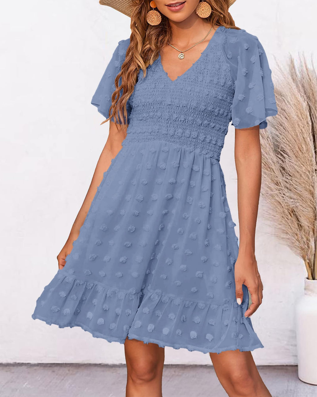 FreshPretty Womens Beach Vacation Dress Summer V Neck Short Sleeve Smocked Swiss Dot Cute Ruffle Casual Fall Mini Dresses