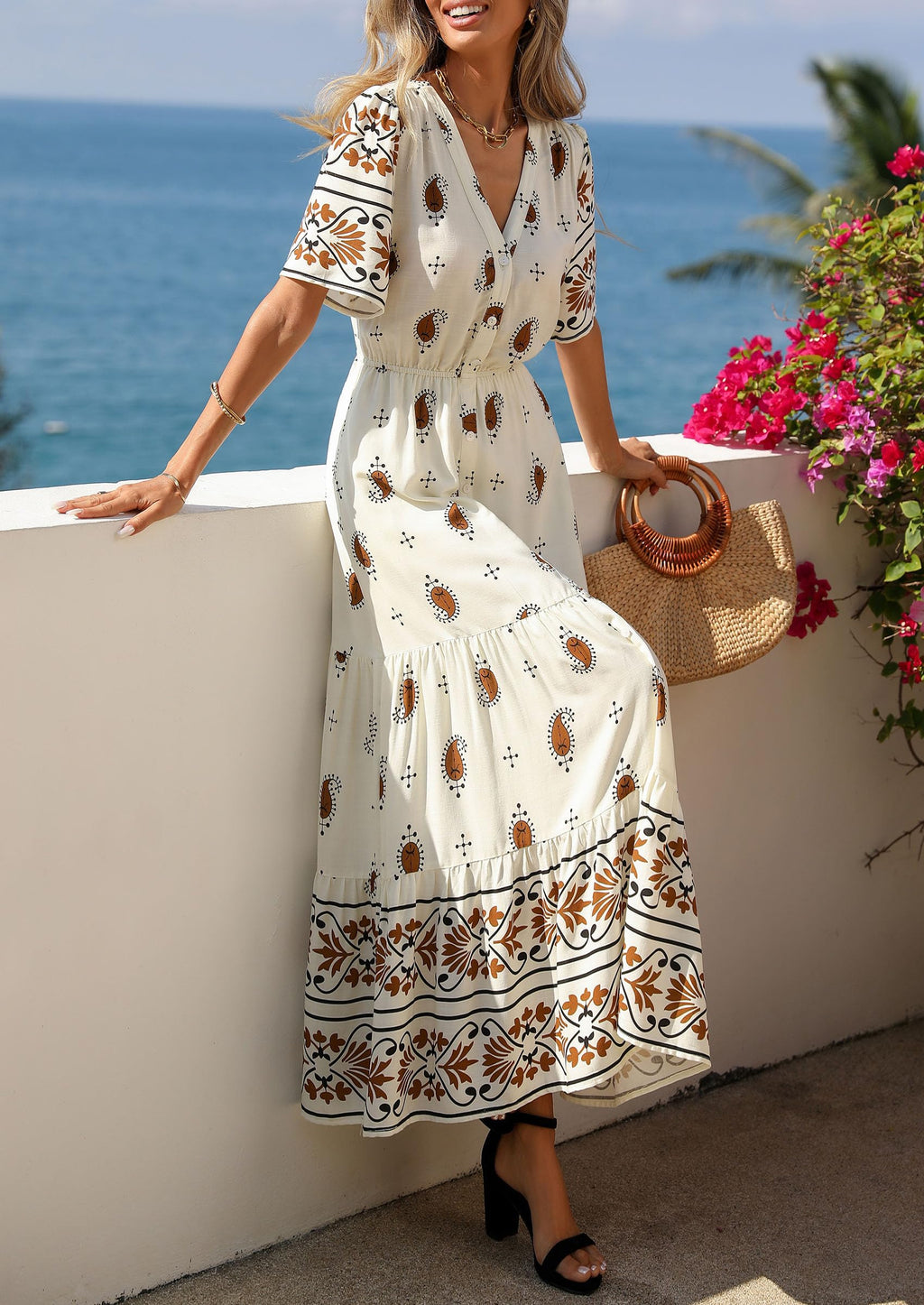 PRETTYGARDEN Womens Summer Boho Maxi Dress Trendy Short Sleeve V Neck Flowy Beach Floral Dresses with Pockets
