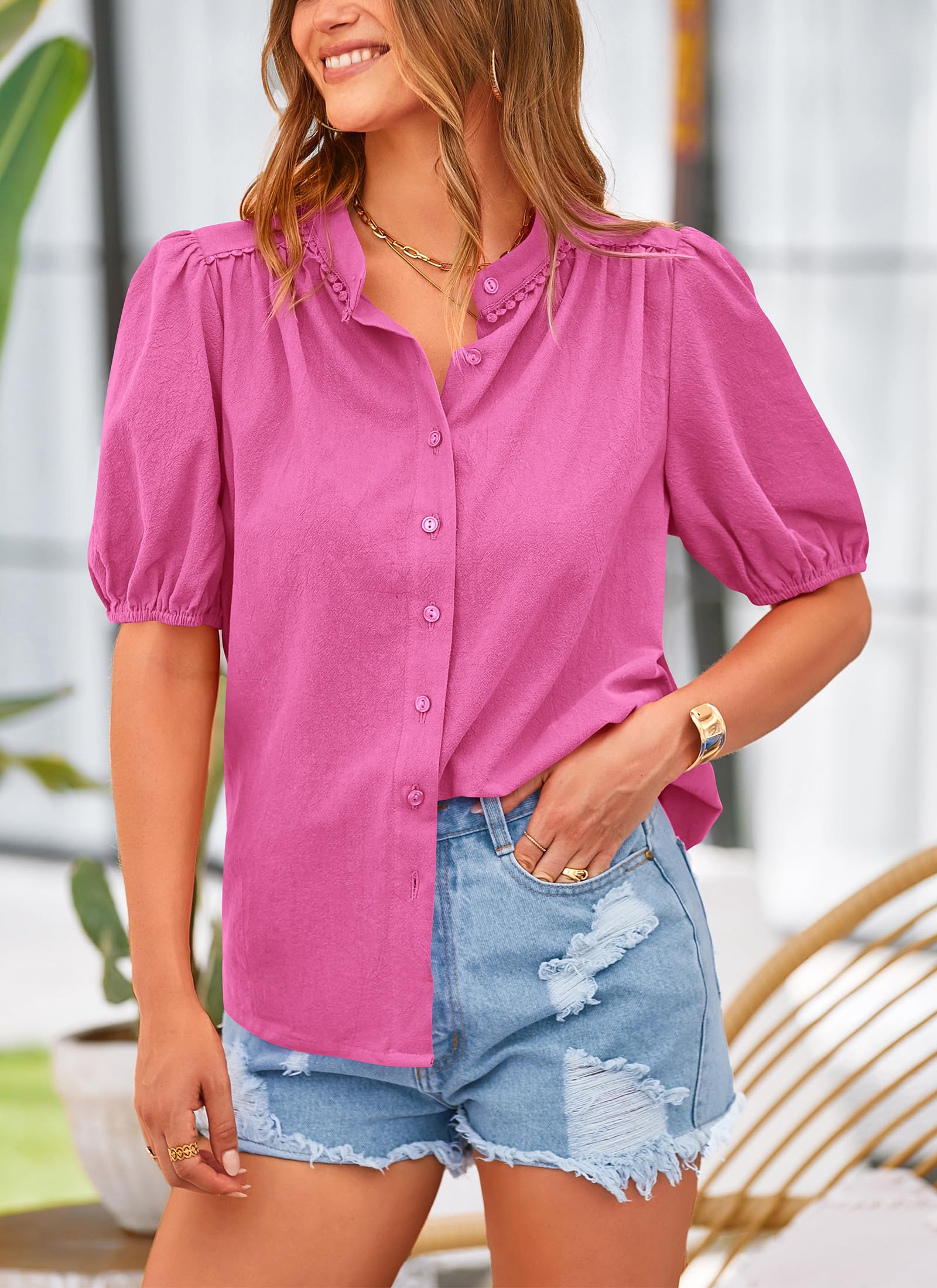 PRETTYGARDEN Women's Summer Button Down Shirts Short Lantern Sleeve V Neck Cotton Cute Dressy Casual Ladies Tops Blouses