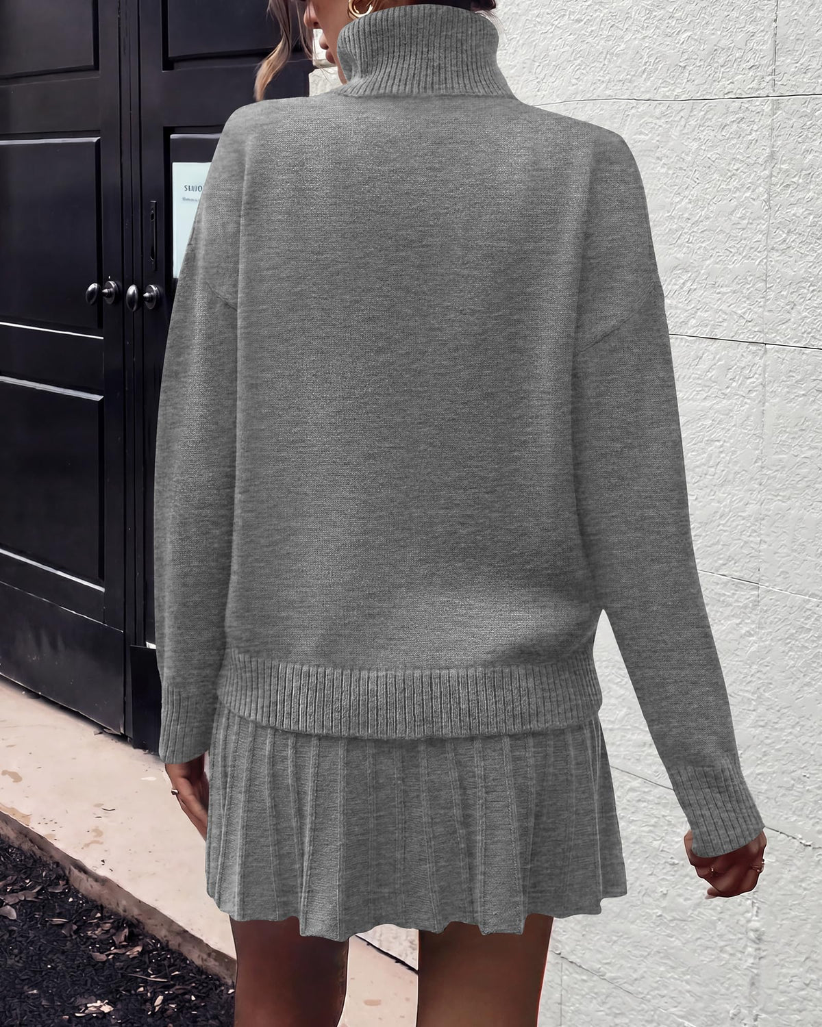 FreshPretty Women Fall 2 Piece Sweater Skirt Sets,Casual Turtleneck Drop Shoulder Pullover Sweaters,Pleated A-Line Mini Skirts,Cute Loose Fit Winter Clothing Vacation Outfits
