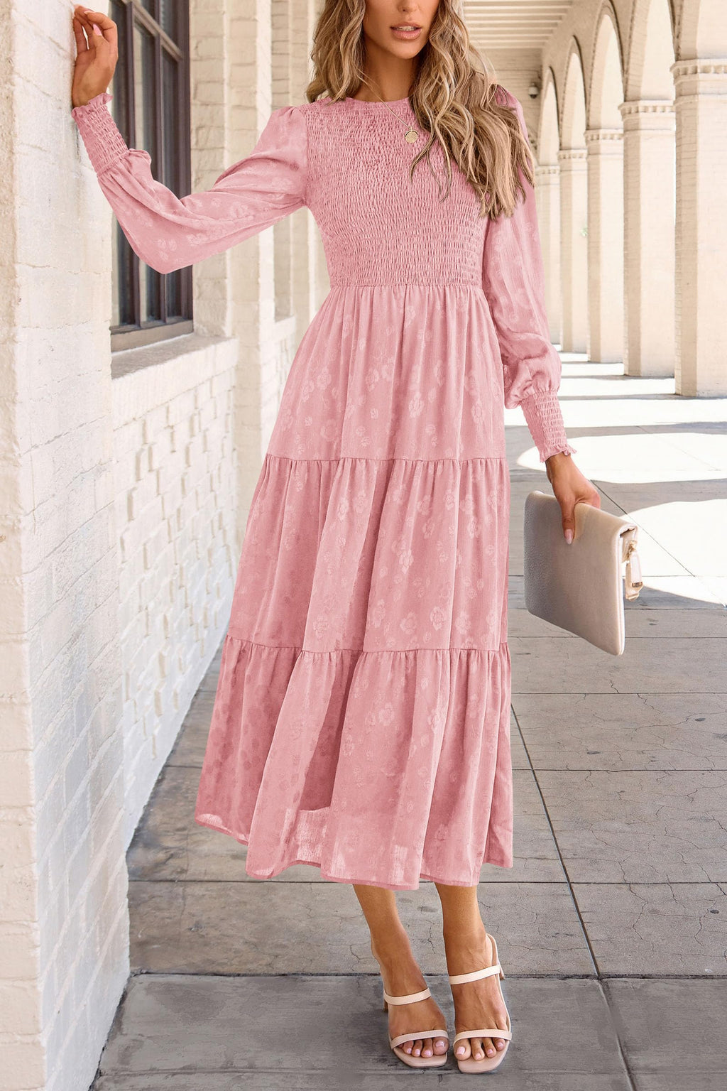 PRETTYGARDEN Women's Fall Spring Midi Dress Long Sleeve Floral Smocked Elegant Wedding Guest Long Flowy Dresses with Pockets