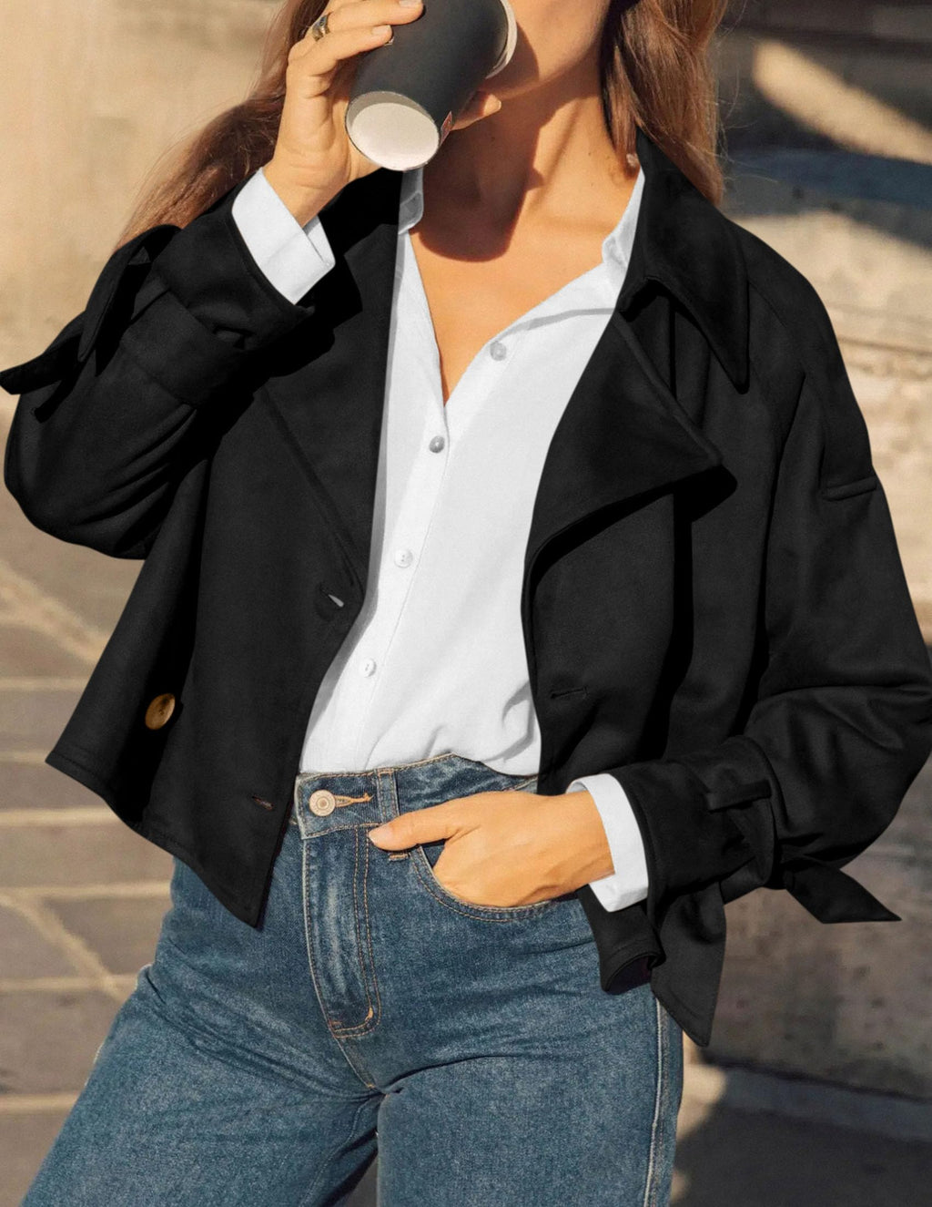 PRETTYGARDEN Women Faux Suede Double Breasted Trench Coat Cropped Jackets Raglan Long Sleeve,Lapel,Tie Cuff,Button Down,Fall Fashion Outerwear,Winter Clothes,Work Office Casual Short Jacket