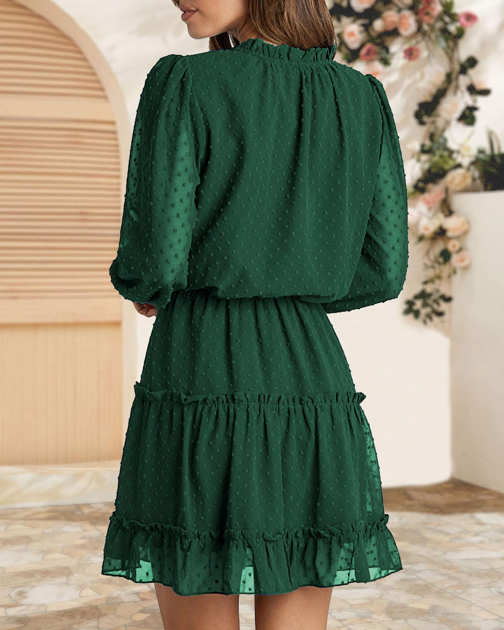 FreshPretty Long Sleeve Fall Dresses for Women Summer Casual Tie Neck Ruffle Tiered A Line Wedding Guest Short Mini Dress