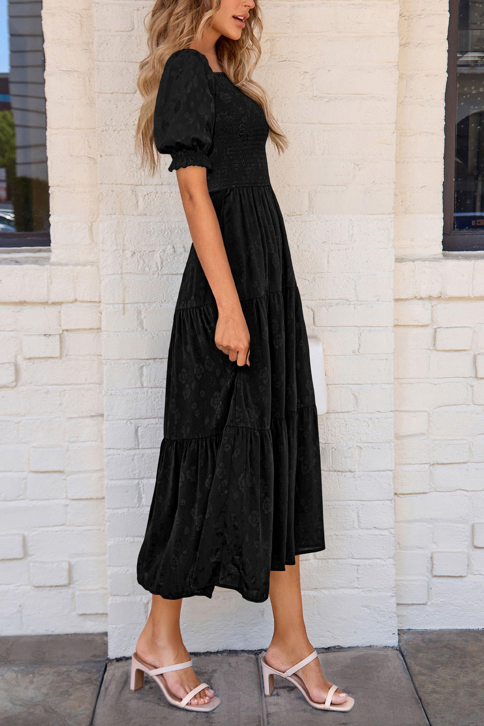 PRETTYGARDEN Women's Summer Casual Midi Dresses Square Neck Short Sleeve Smocked A Line Floral Flowy Elegant Boho Dress