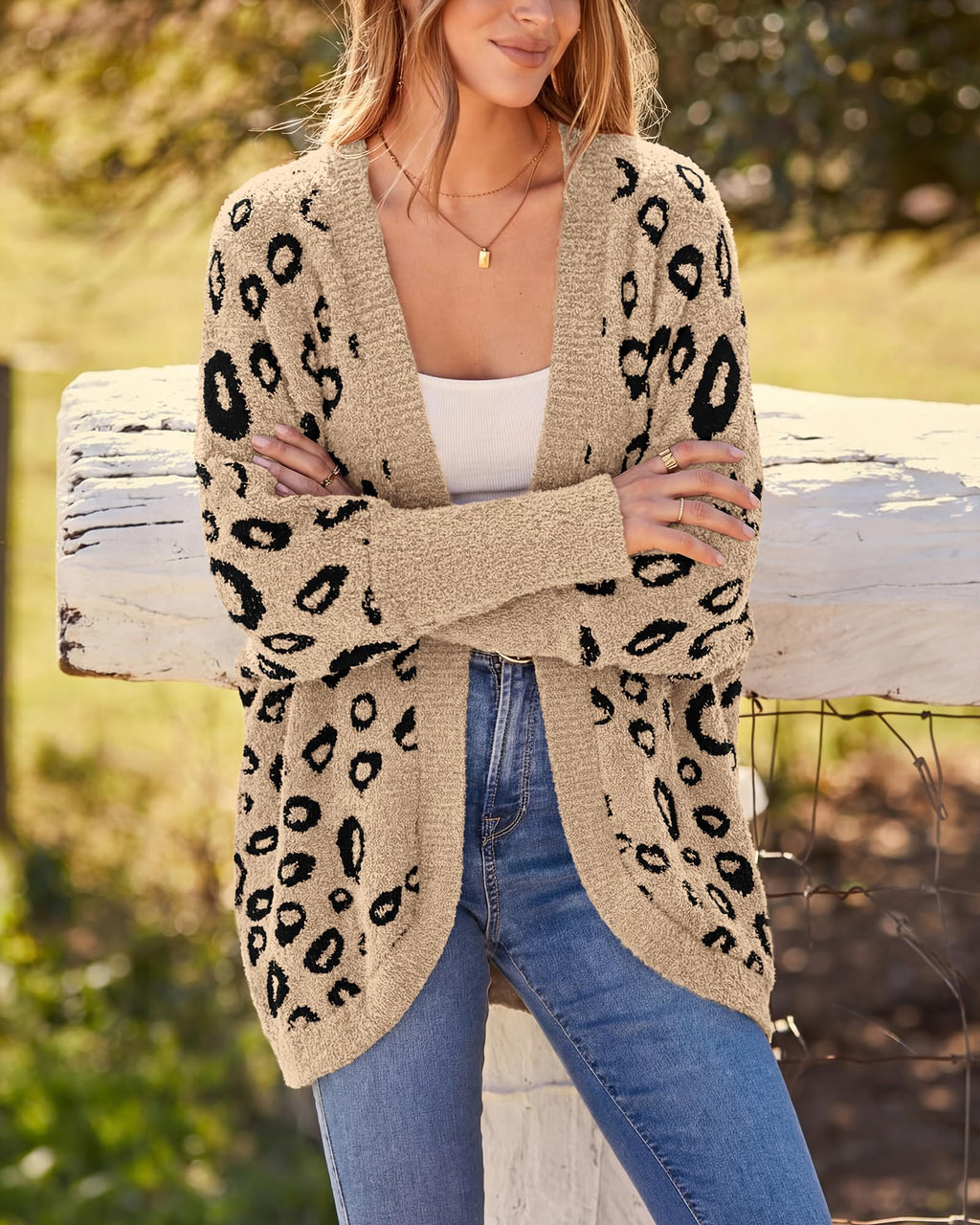 BTFBM Leopard Cardigan for Women Long Sleeve Open Front Cardigans Sweaters Pockets Loose Knit Fall Spring Outwear