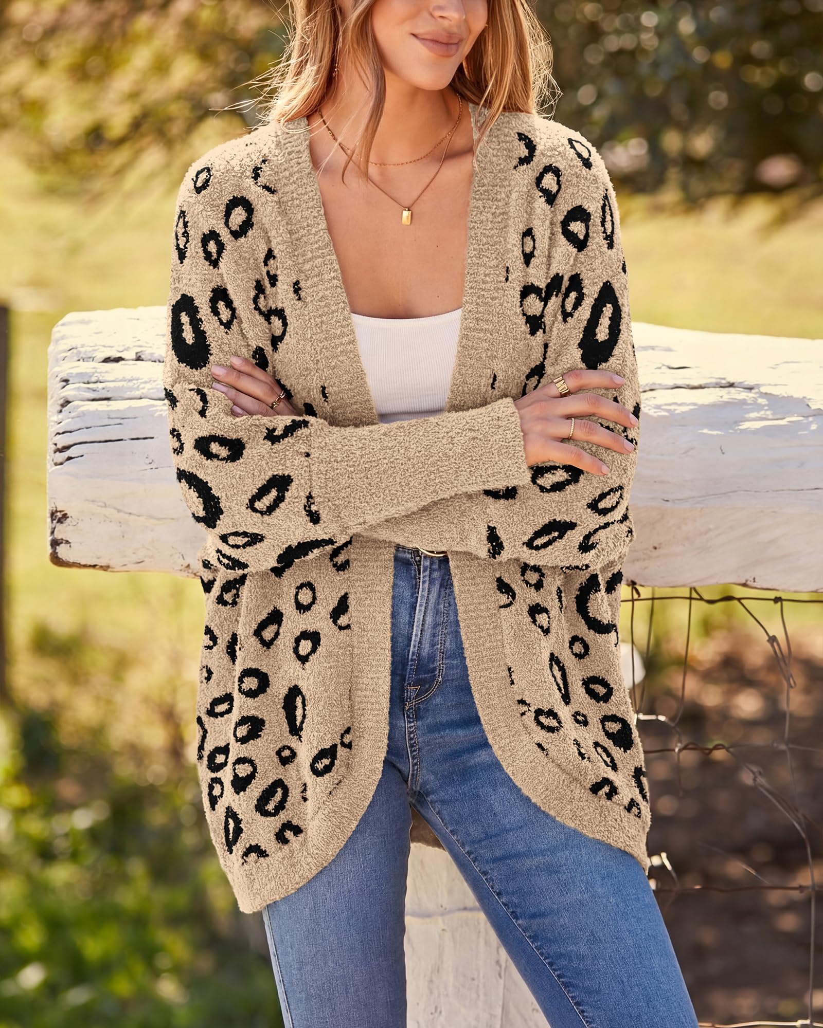 BTFBM Leopard Cardigan for Women Long Sleeve Open Front Cardigans Sweaters Pockets Loose Knit Fall Spring Outwear