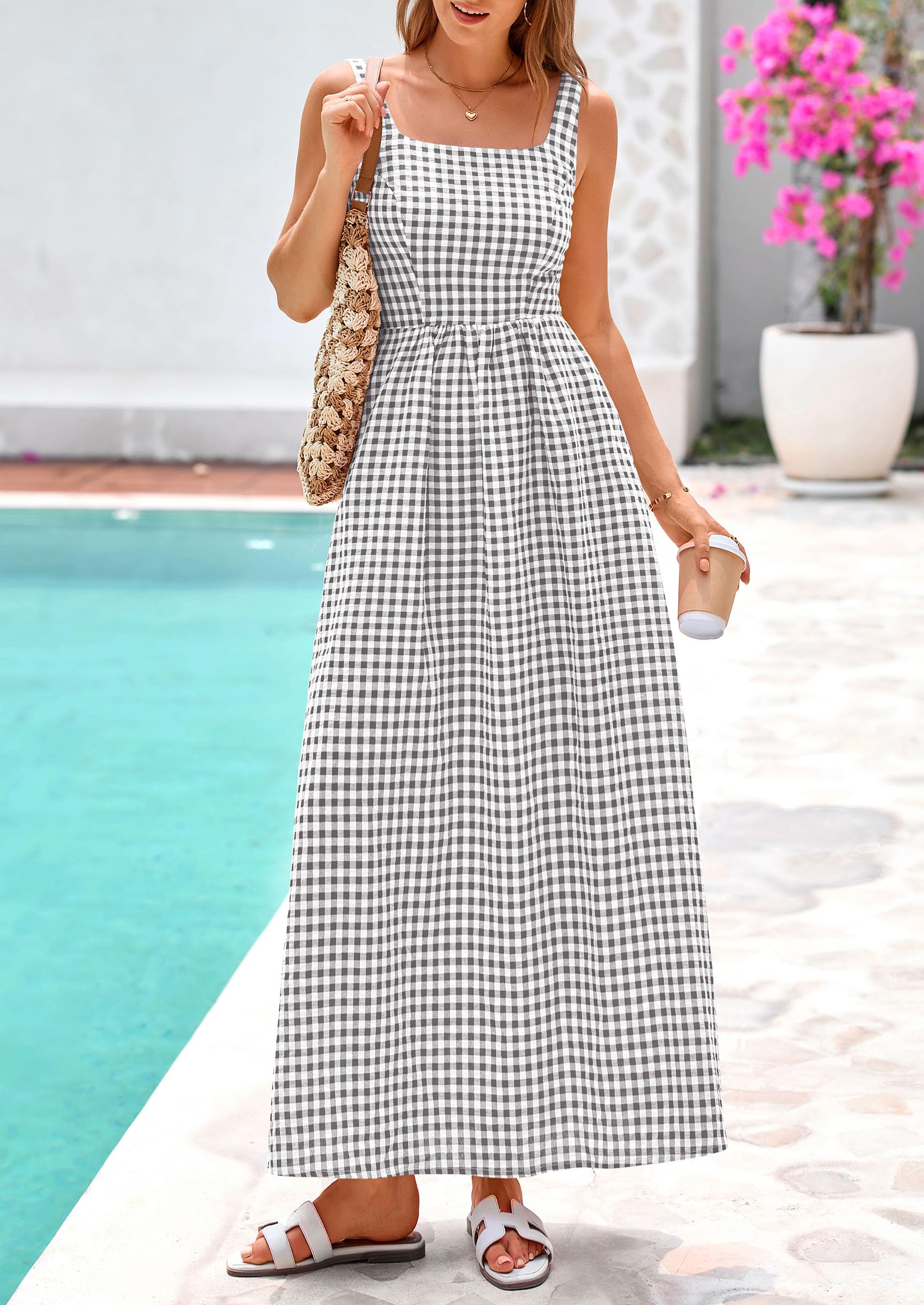 PRETTYGARDEN Women's Summer Spaghetti Strap Maxi Dresses Plaid Square Neck A Line Casual Beach Vacation Long Sundress