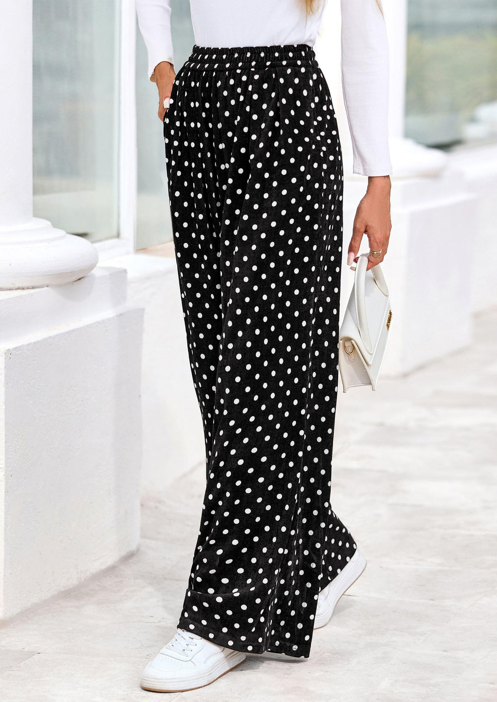 PRETTYGARDEN Casual Women's Pants Elastic Waist Palazzo Long Pajama Wide Leg Trousers Knit Fall Outfits with Pockets