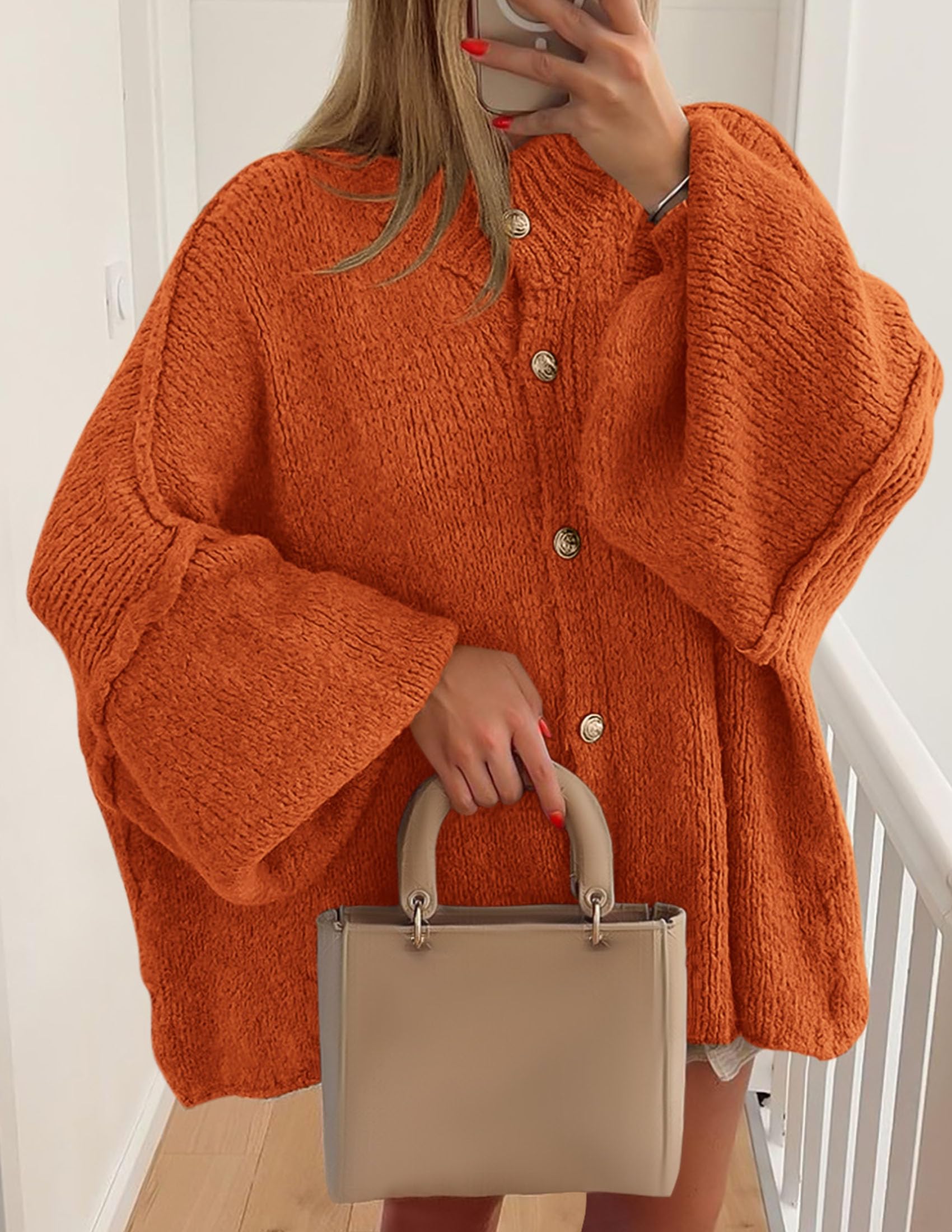 PRETTYGARDEN Women's Winter Button Down Cardigan Sweaters Mock Neck Lantern Long Sleeve Chunky Knit Jacket Trendy Outerwear