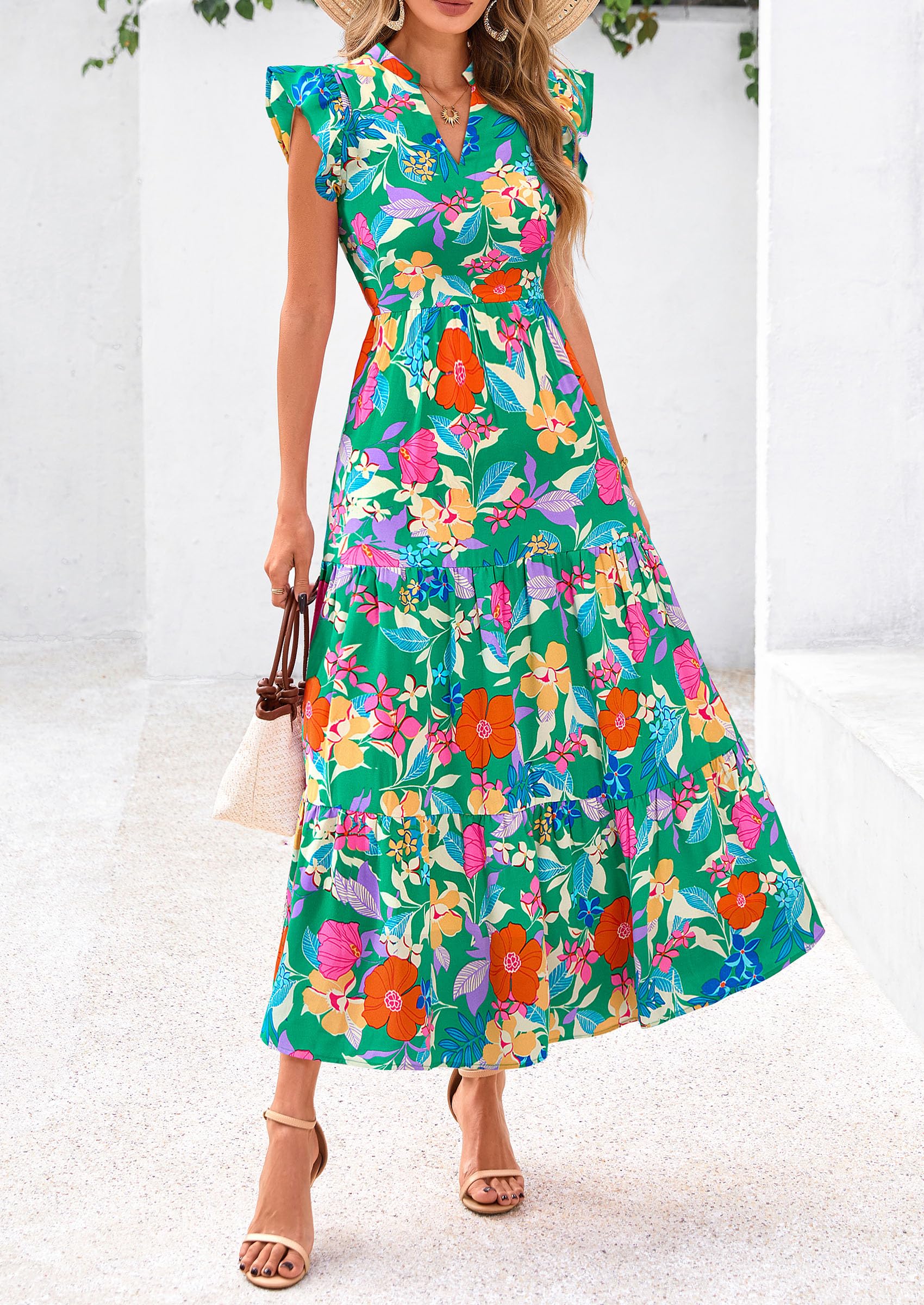 Visit the PRETTYGARDEN Store PRETTYGARDEN Women's Summer Floral Midi Dress Cap Sleeve V Neck Ruffle Long Flowy Boho Casual Beach Vacation Dresses
