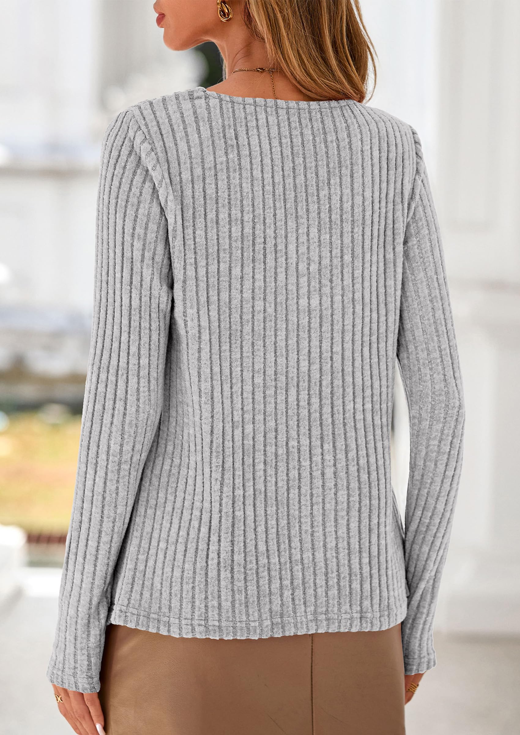 PRETTYGARDEN Women's Long Sleeve Shirts Fall Fashion Clothes Casual Ribbed V Neck Loose Tunic Tops Lightweight Sweaters