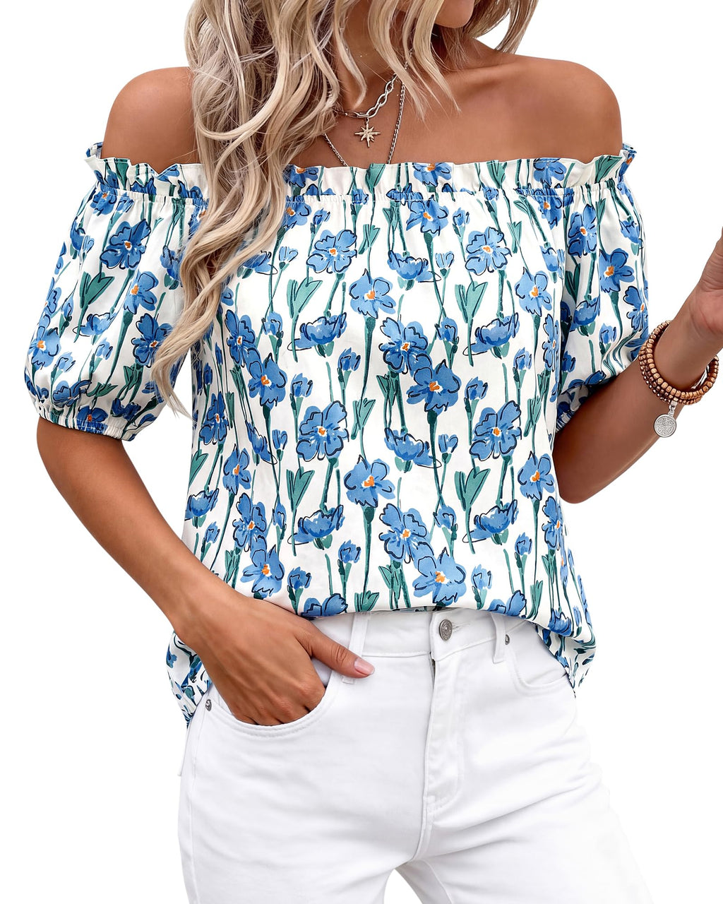BTFBM Off The Shoulder Spring Tops for Women Summer Blouses Boho Floral Short Sleeve Shirts Dressy Casual Outfits