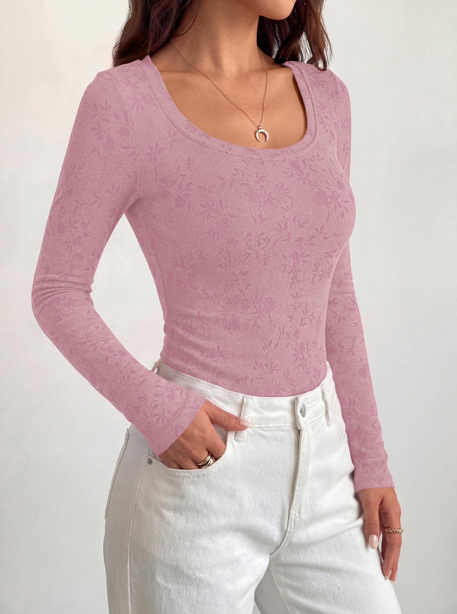 BTFBM Women's Long Sleeve Scoop Neck Shirts Floral Tops | Casual Women Fall Clothes, Ribbed Slim Fitted T-Shirts, y2k Fashion Clothing, Concert Going Out Top, Club Date Night Outfits