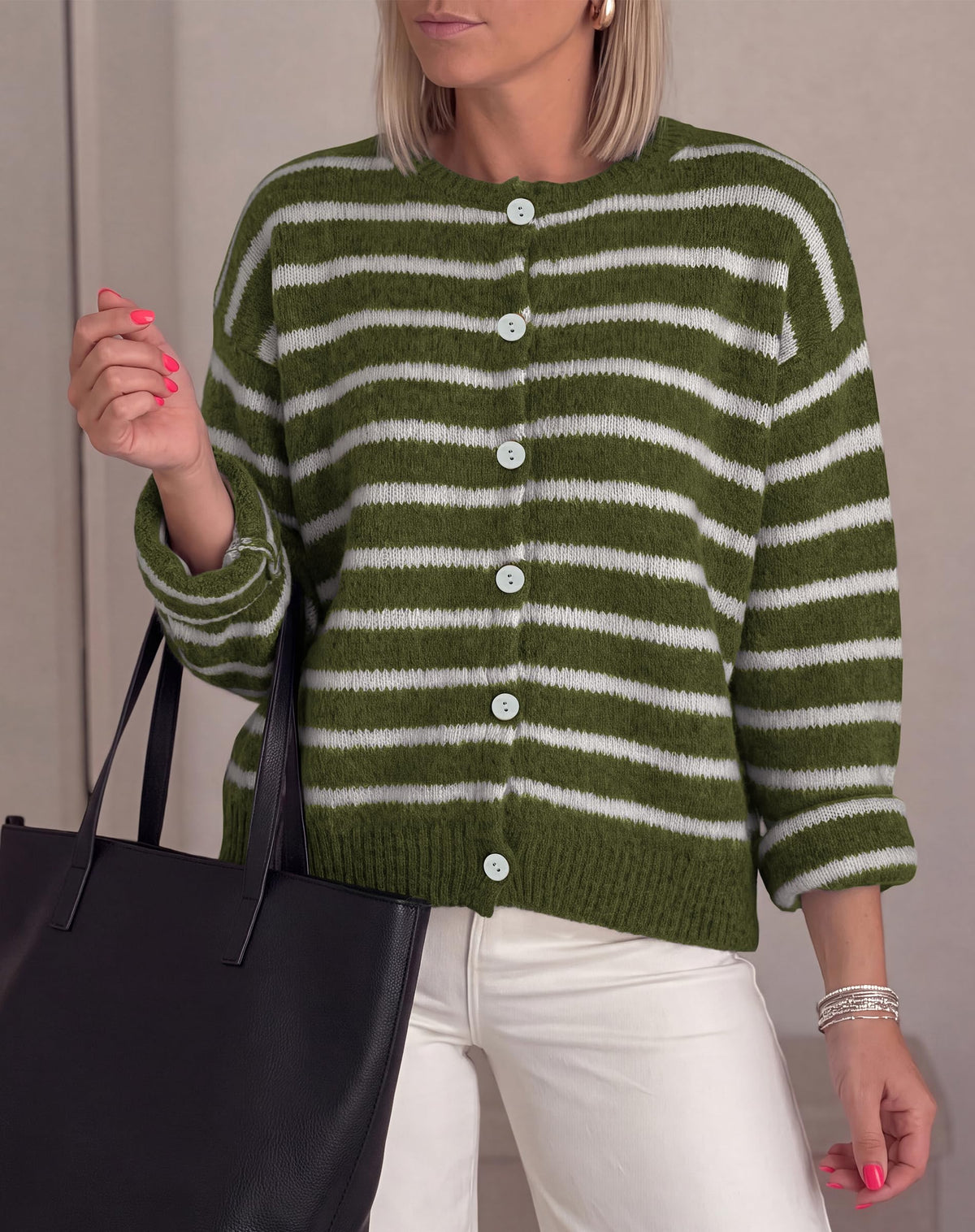 FreshPretty Women's Chunky Knit Striped Cardigan Sweaters Casual Button Front,Long Sleeve Knit Cardigan,Soft Loose Fit Sweaters for Business Casual Work,Fall Winter Outerwear Layering
