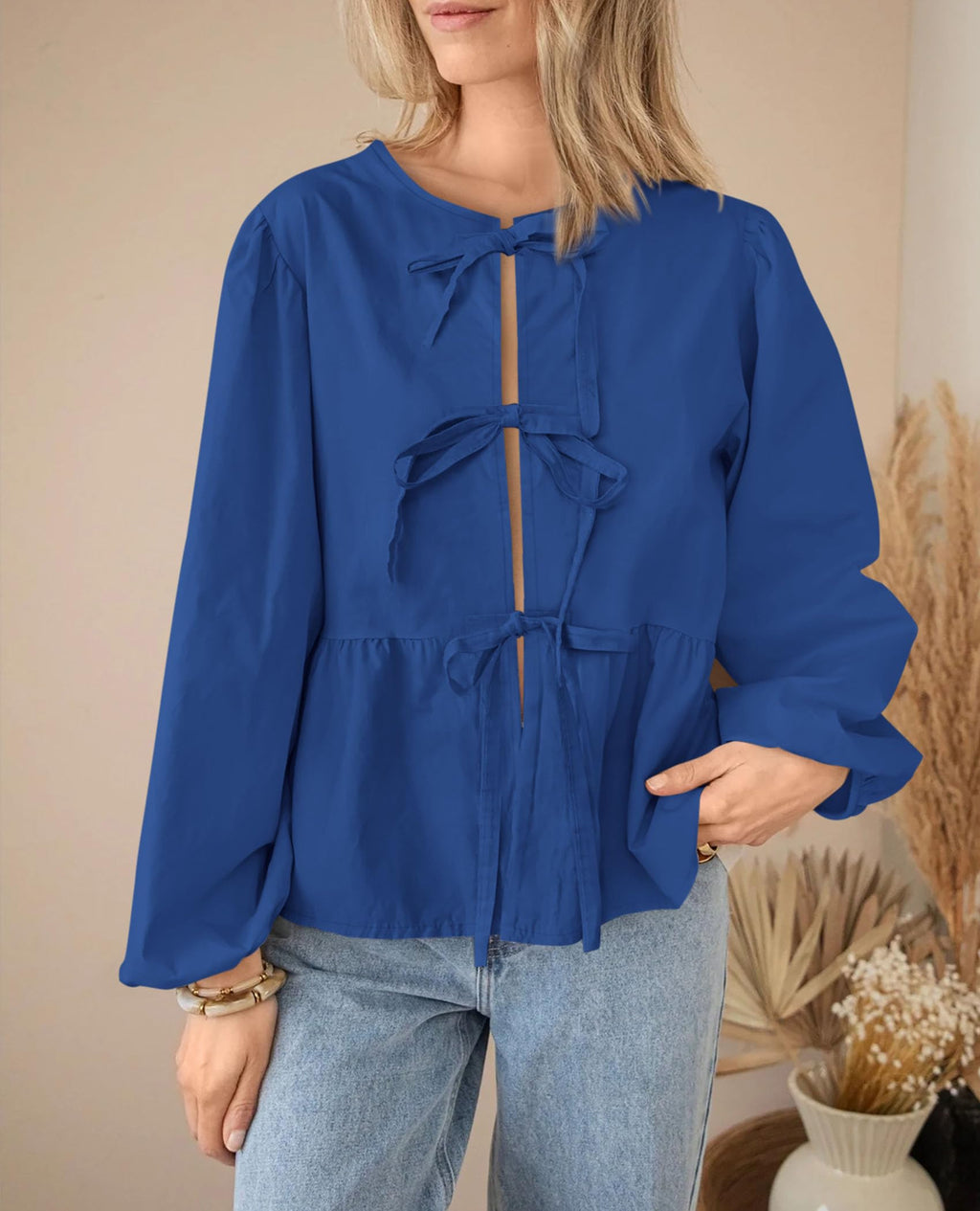PRETTYGARDEN Women's Spring Fall Babydoll Peplum Blouse Shirt Puff Long Sleeve Bow Tie Front Trendy Cute Y2K Going Out Tops
