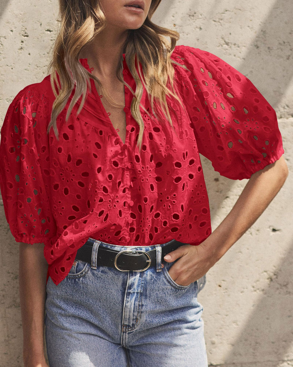PRETTYGARDEN Women's Summer Tops Dressy Casual Short Sleeve V Neck Buttons Hollow Out Lace Embroidered Blouses Shirts
