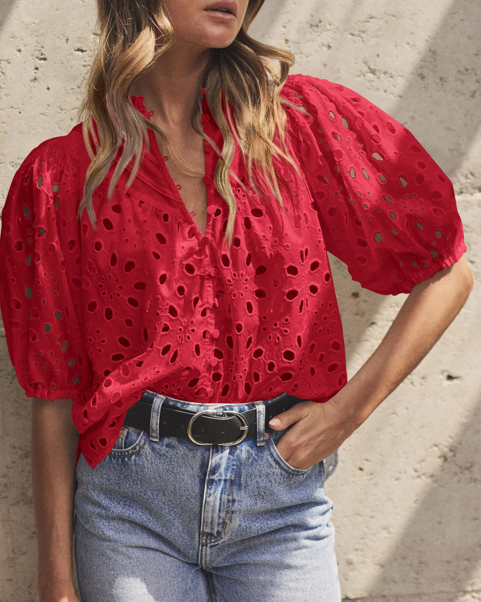PRETTYGARDEN Women's Summer Tops Dressy Casual Short Sleeve V Neck Buttons Hollow Out Lace Embroidered Blouses Shirts