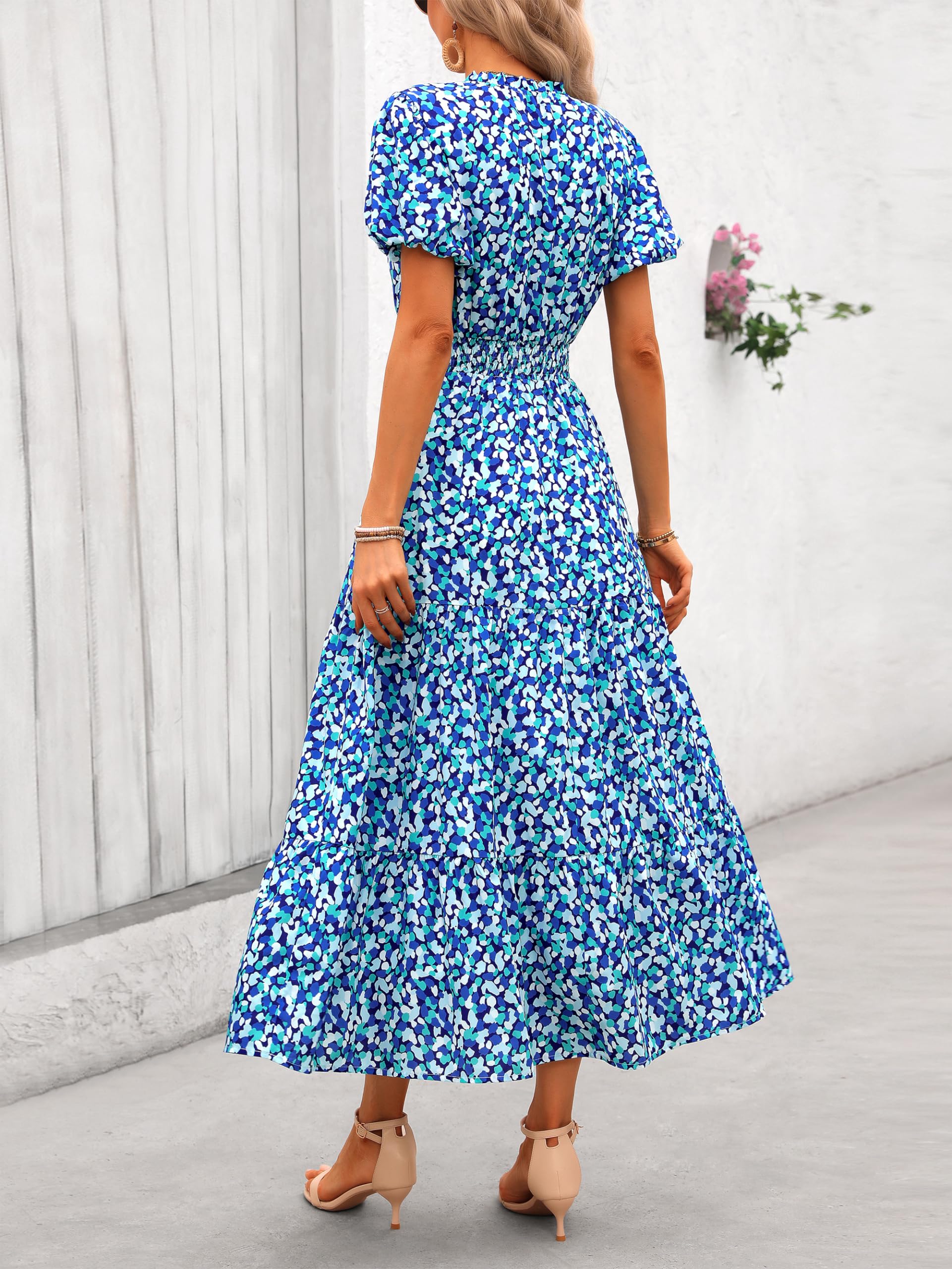 PRETTYGARDEN Summer Maxi Dresses for Women  Casual V Neck Puff Short Sleeve Smocked Flowy Beach Boho Long Floral Dress