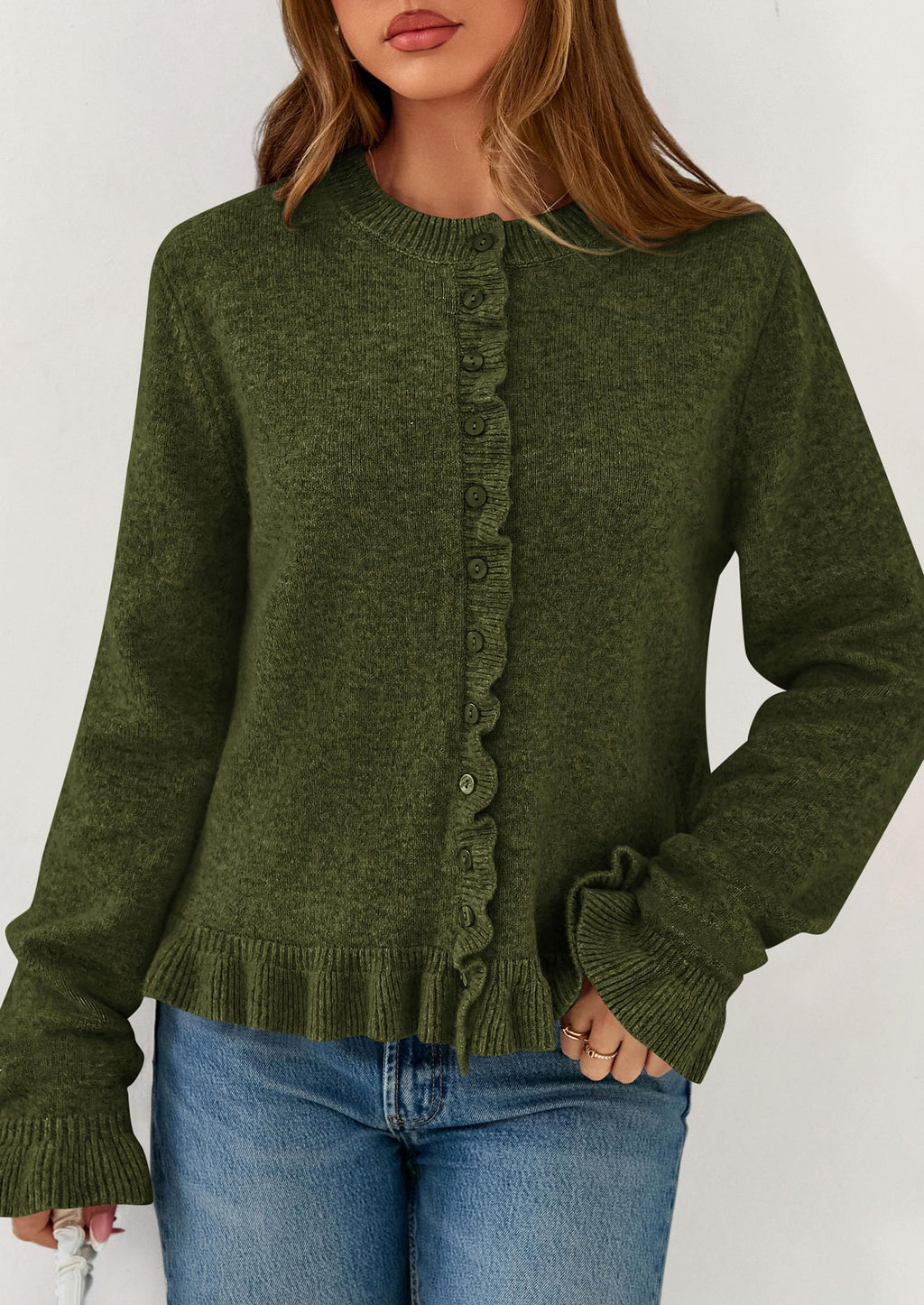 PRETTYGARDEN Womens Fall Button Down Cardigans Chunky Knit Ruffle Open Front Cropped Cardigan Sweaters Soft Long Sleeve Tops