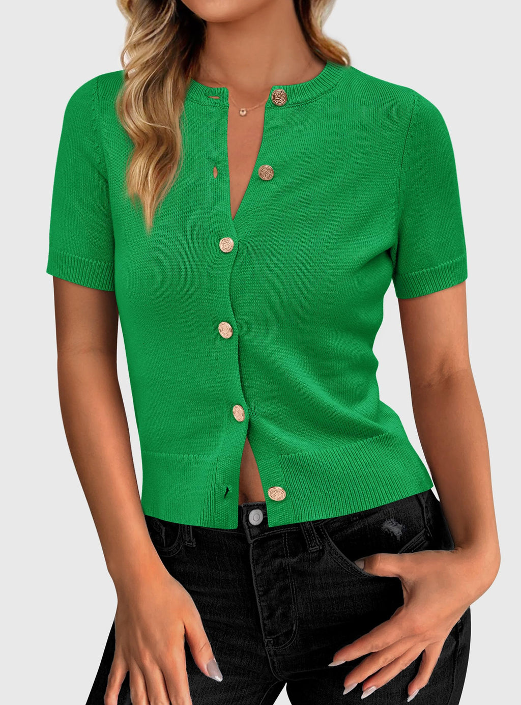 PRETTYGARDEN Womens Casual Summer Short Sleeve Cardigans Button Down Knitted Sweater Basic Crew Neck Crop Tops