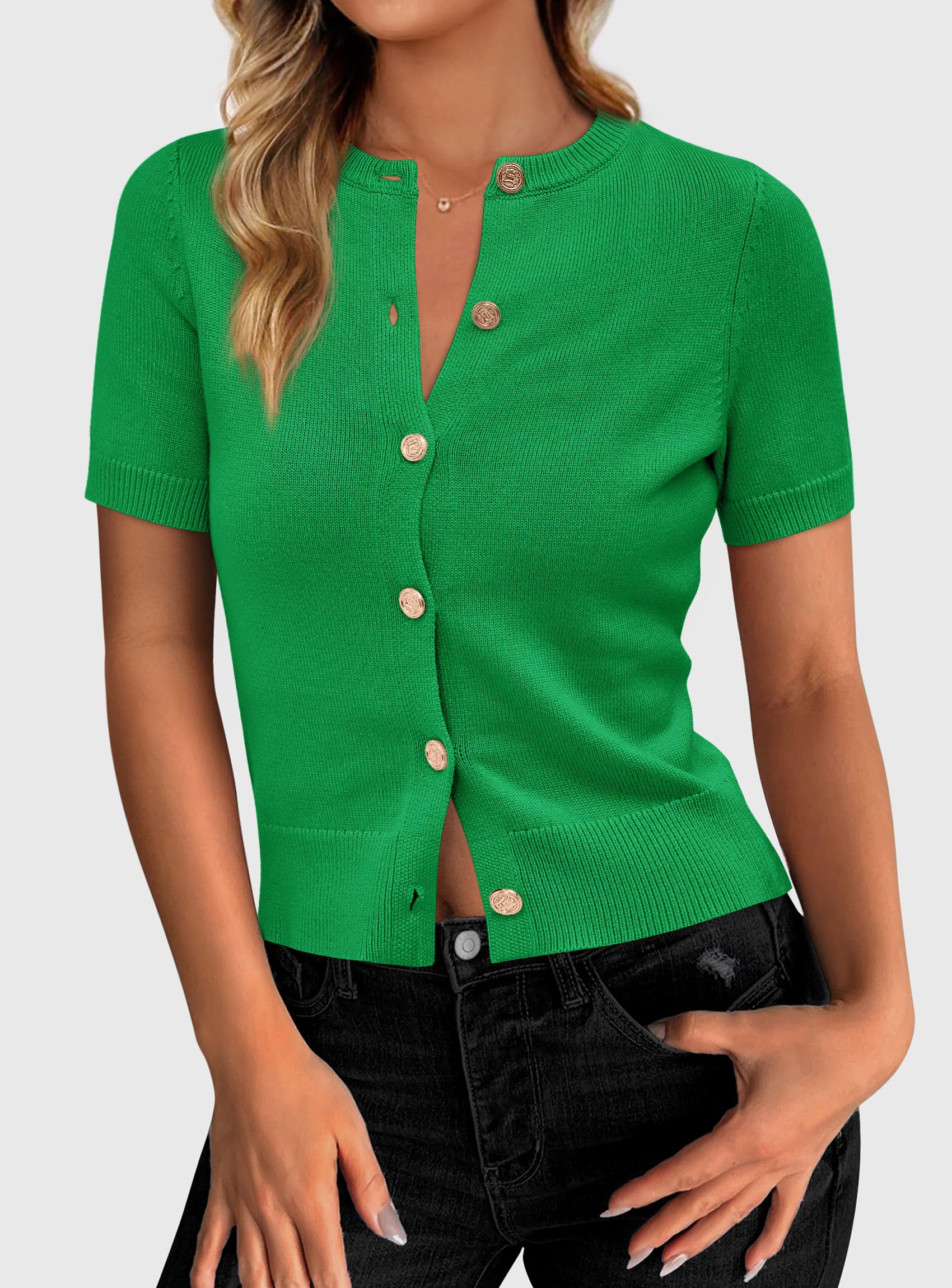 PRETTYGARDEN Womens Casual Summer Short Sleeve Cardigans Button Down Knitted Sweater Basic Crew Neck Crop Tops