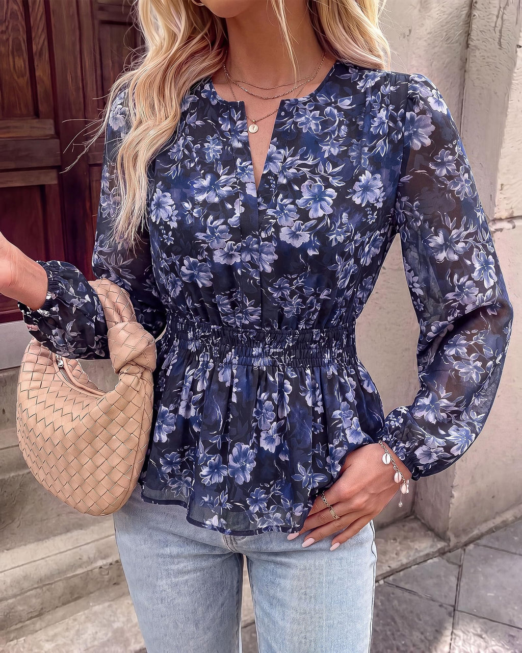 BTFBM Womens Tops Dressy Casual Floral V Neck Long Sleeve Chiffon Shirts | Chiffon Lantern Sleeve Flowy Peplum Sheer Top,Elastic Waist Babydoll Blouses,Boho Vacation Outfits,Fall Fashion Clothing