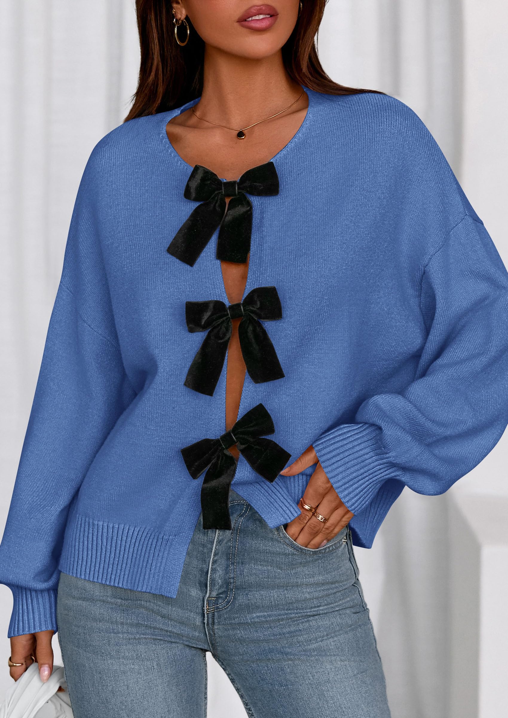 PRETTYGARDEN Cardigan Sweaters for Women Fall Fashion Bow Tie Front Long Sleeve Knit Sweater Tops Cute Winter Clothes