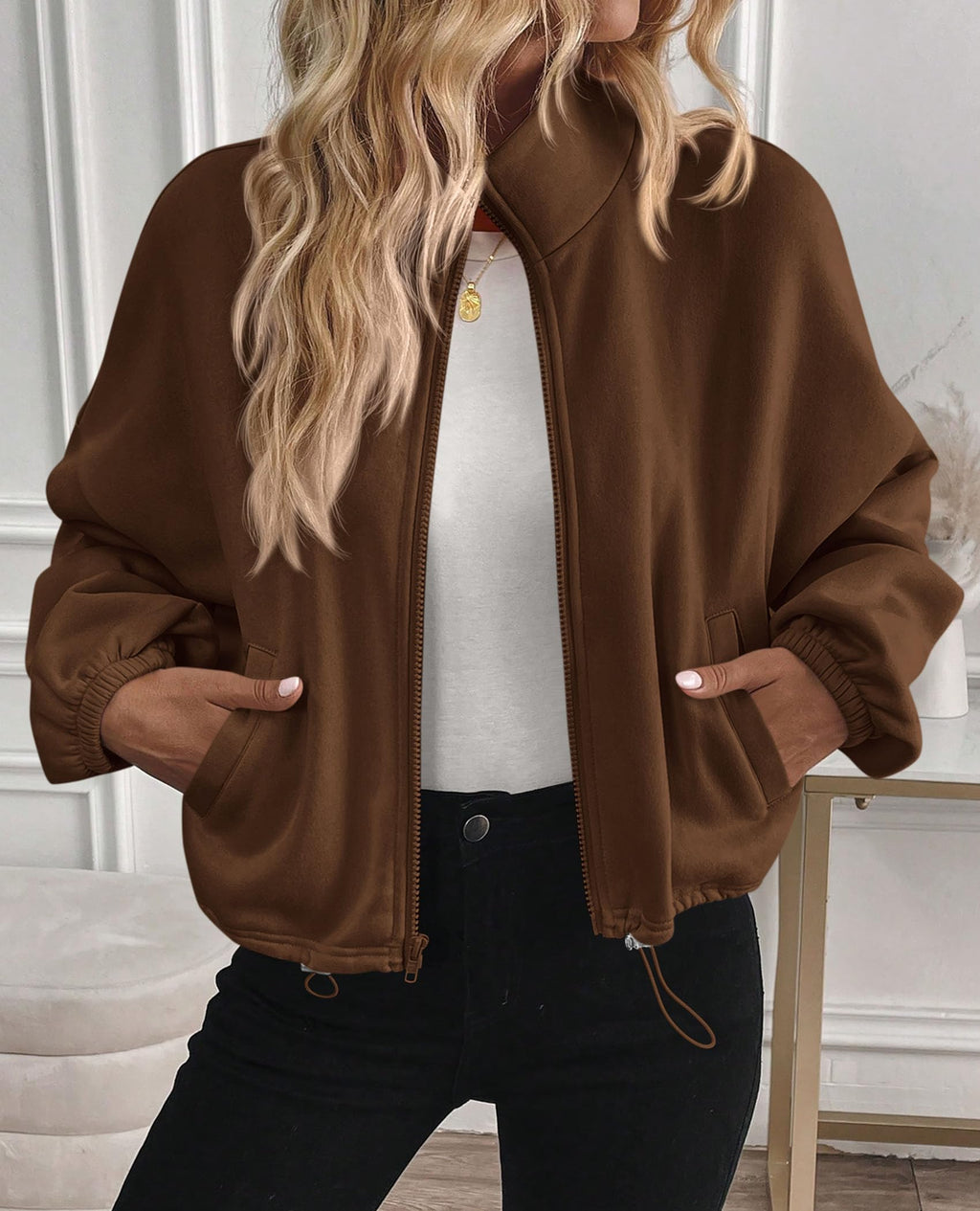 PRETTYGARDEN Womens Zip Up Fleece Cropped Sweatshirt Jacket Oversized Loose Soft Stand Collar with Drawstring Hem, Long Sleeve Casual Coat With Pockets, Fall Outfits Winter Clothing