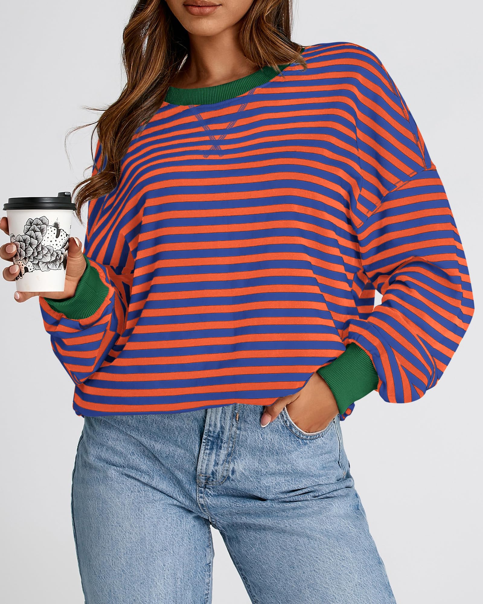 BTFBM Sweatshirt For Women Summer Crewneck Long Sleeve Oversized Striped Pullover Tops Y2K Clothes Workout Shirt